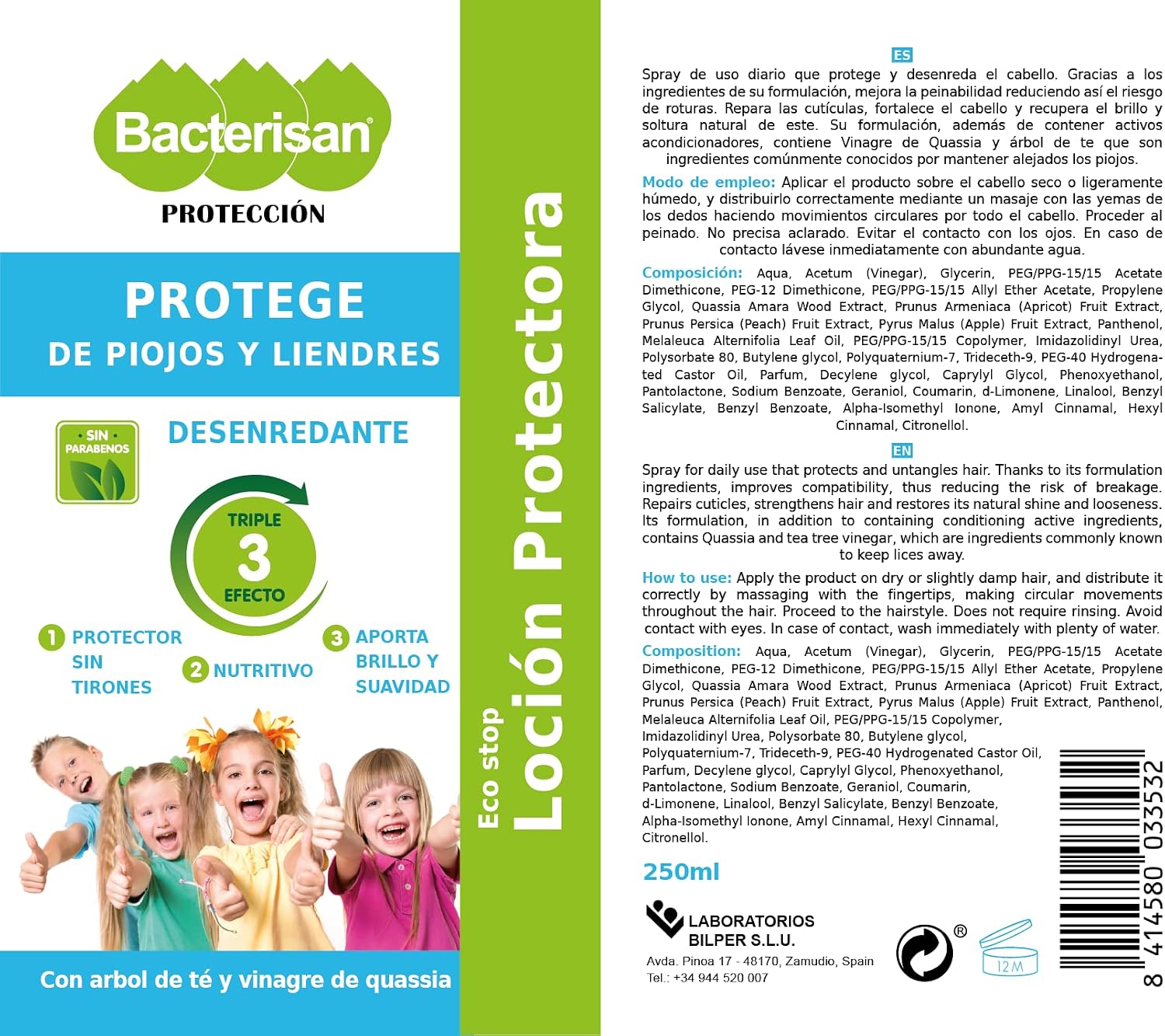 Detalle de BACTERISAN Lozione districante protettiva 250 ml – spray quotidiano anti pidocchi e lendini