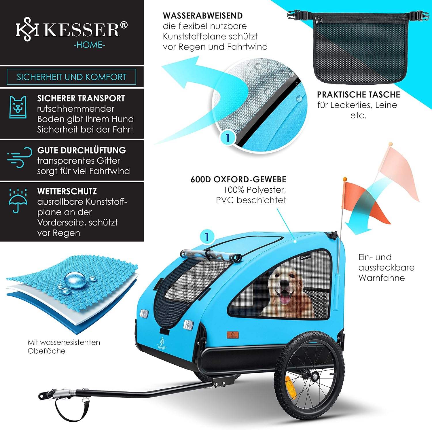 Detalle de KESSER® Hundeanhänger Boxer 2-in-1: Hundebuggy/Fahrradanhänger für bis zu 45 kg – ca. 250 l, klappbar