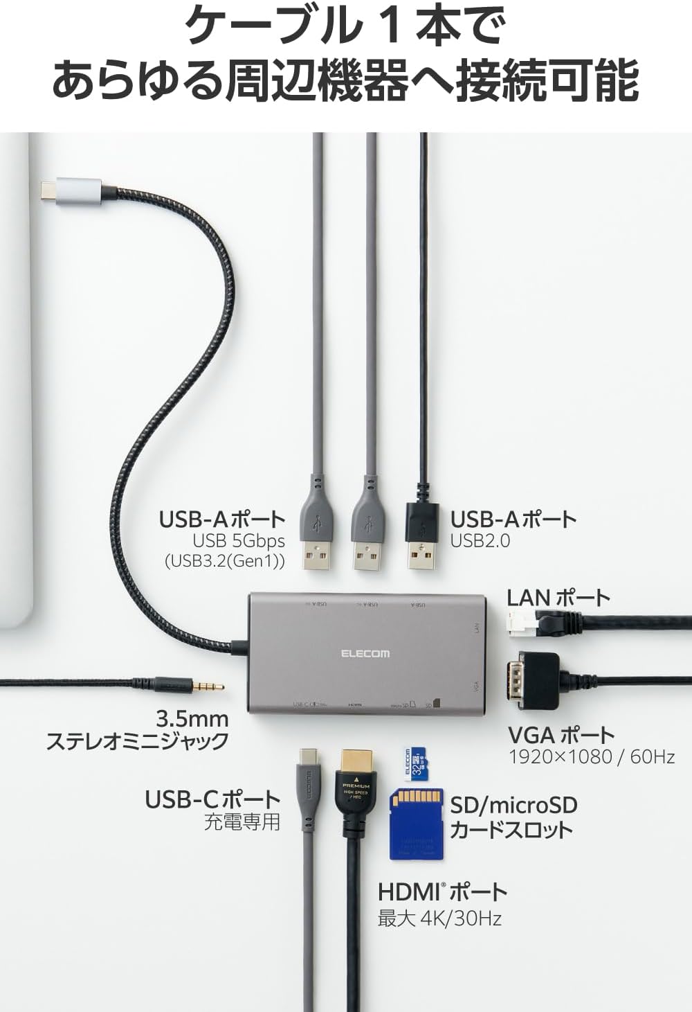 Detalle de エレコム DST-W15 USB-Cドッキングステーション 10ポート、3画面出力・4K/30Hz HDMI対応 グレー