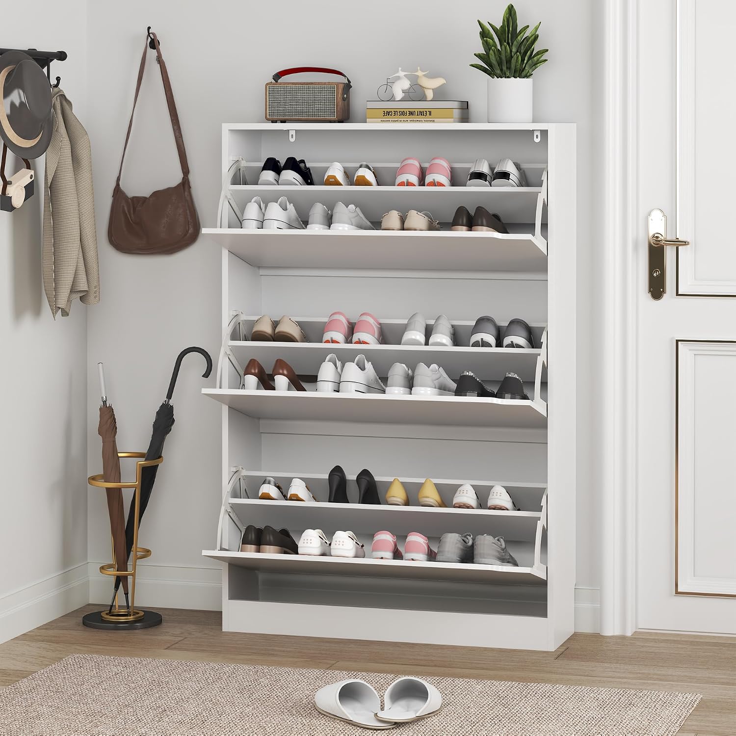 Thumbnail 6 de BORNOON Sc-80 Shoe Cabinet, 3 Flip Drawers, White, 9.45-Inch Deep