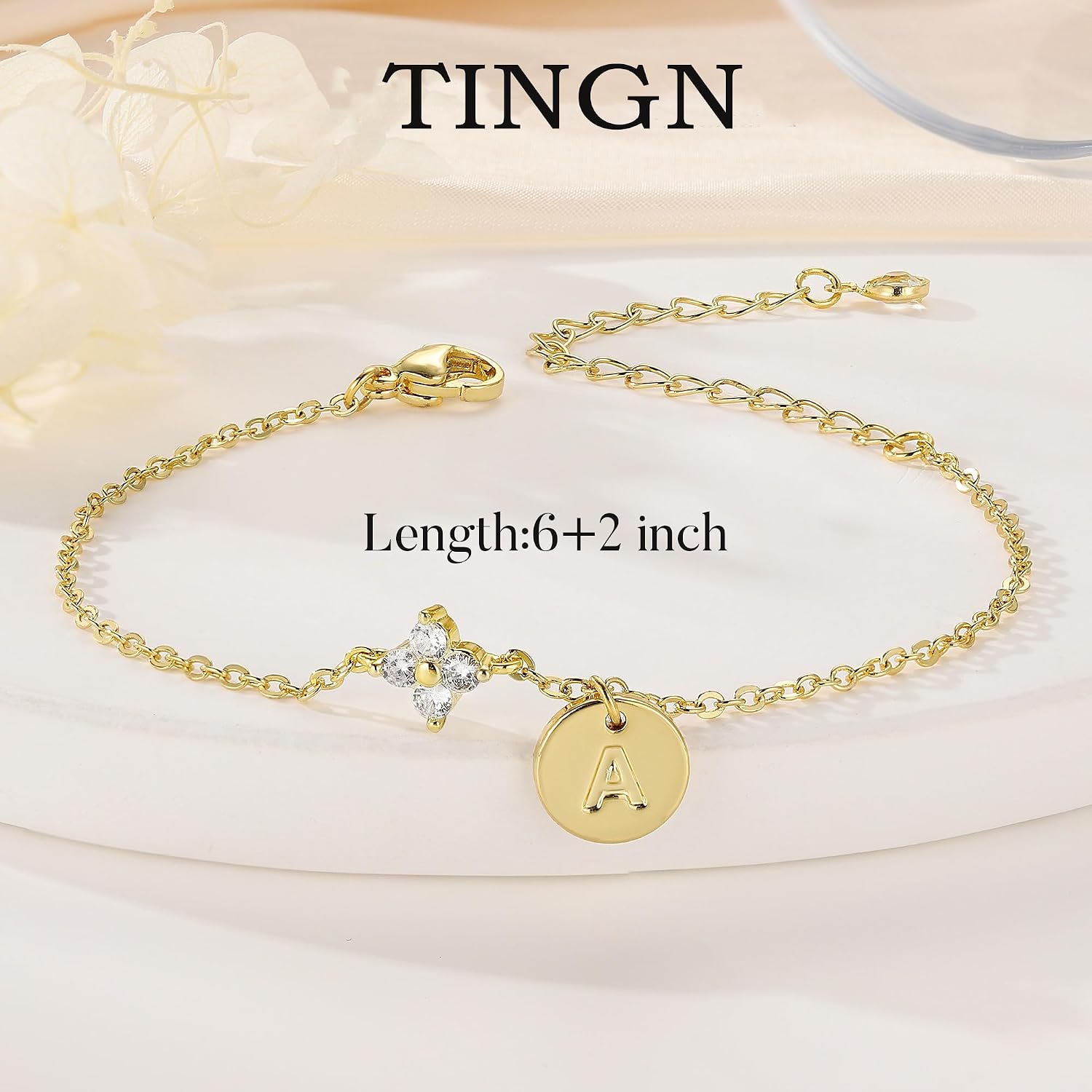 Thumbnail 6 de TINGN Initial-Armband Damen (14K vergoldet) mit A–Z Buchstaben, CZ-Details & Kleeblatt-Motiv
