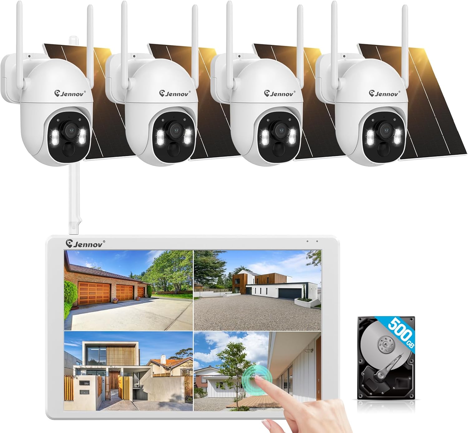 Detalle de Jennov Kit Telecamere Solare con Monitor 10'' – 5MP, NVR 10CH e Visione Notturna a Colori, senza abbonamento