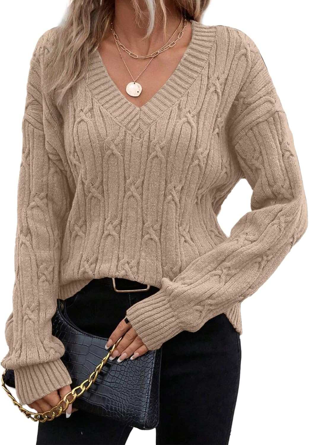 Detalle de SHEWIN Womens V Neck Cable Knit Sweater 2026