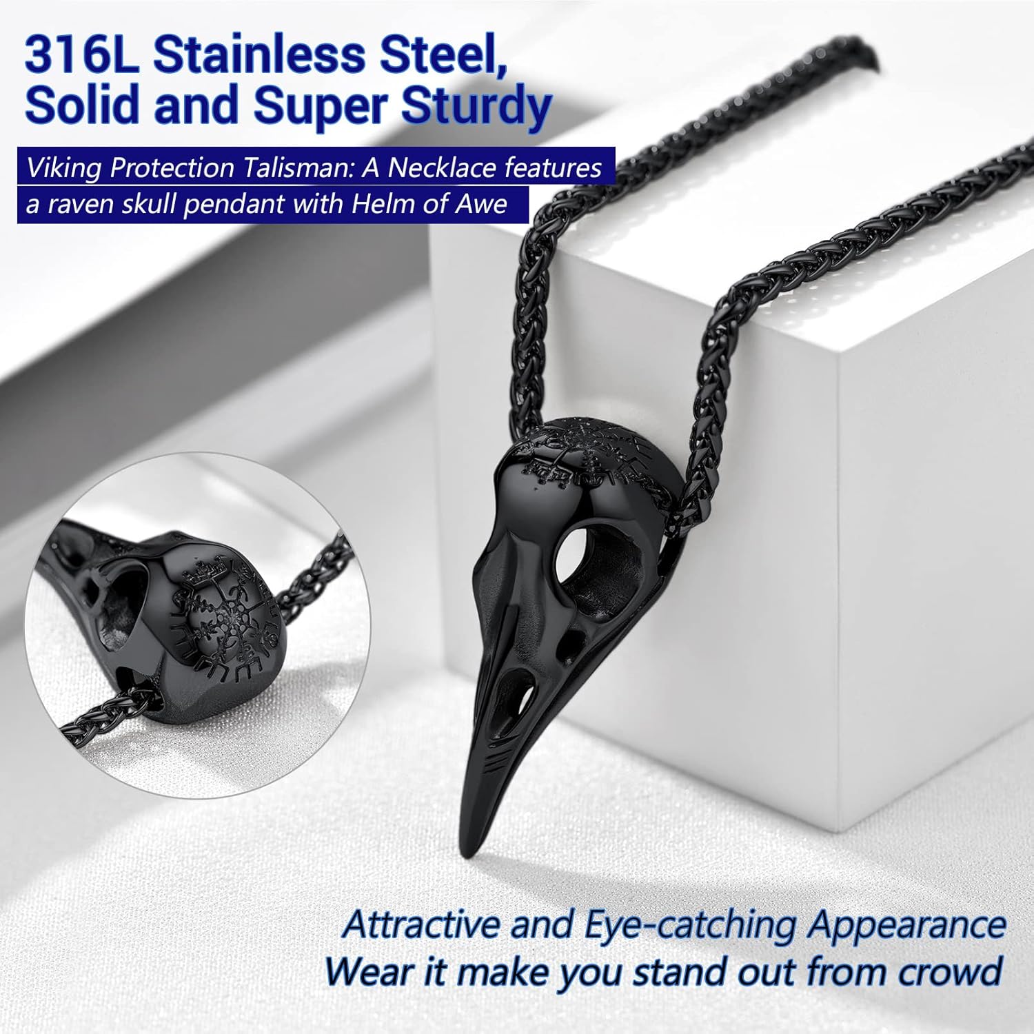 Thumbnail 4 de PROSTEEL Collier homme « Corbeau » en acier inoxydable 316L, plaqué or/noir et pendentif Viking
