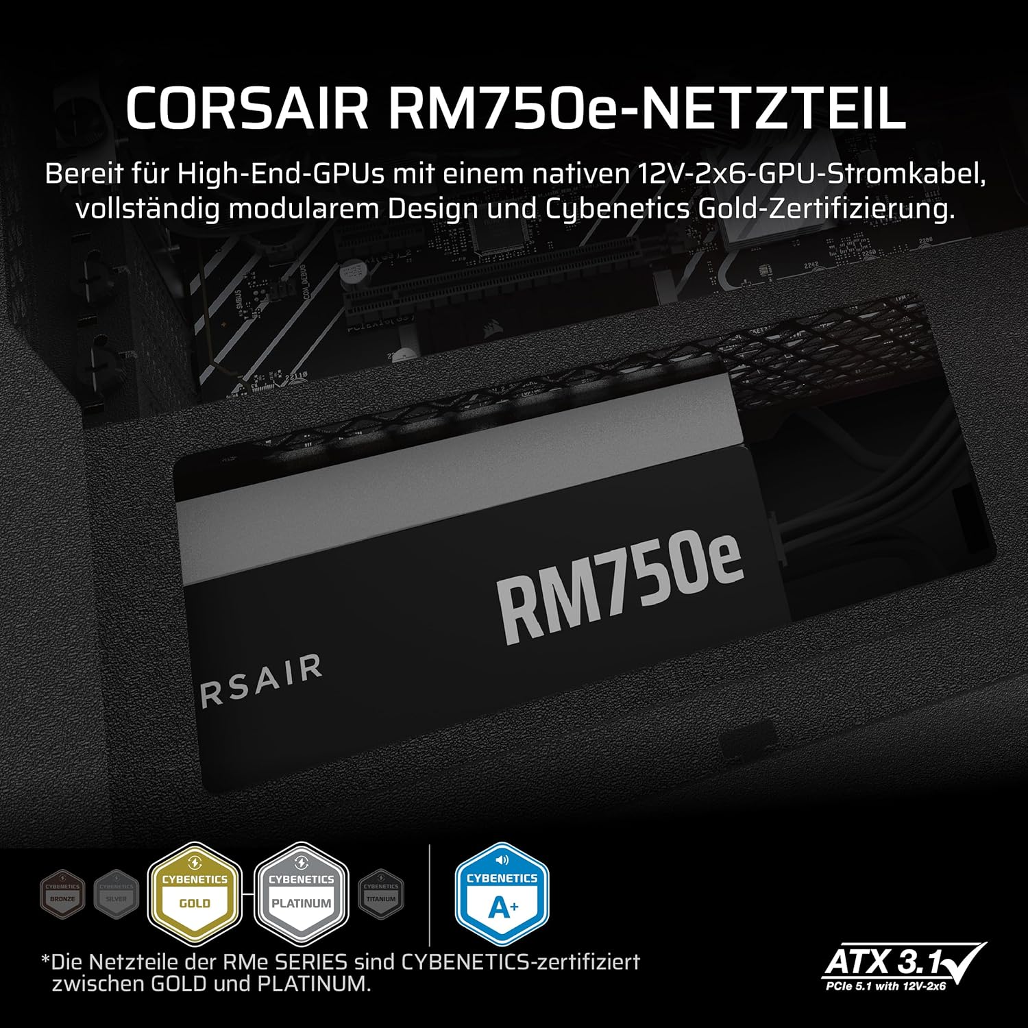Thumbnail 1 de CORSAIR RM750e (2025) – Geräuscharmes, vollständig modulares ATX-Netzteil mit 12V-2x6, Zero RPM-Modus und ATX 3.1