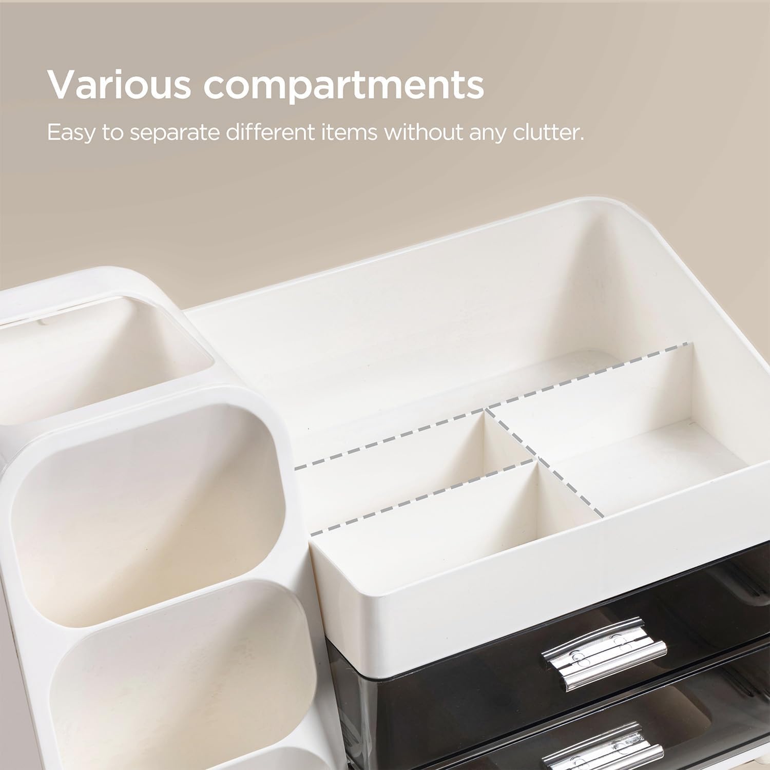 Detalle de HBlife Makeup Kosmetik Organizer mit Schubladen – 3-in-1 Aufbewahrung für Pinsel, Paletten und Flaschen