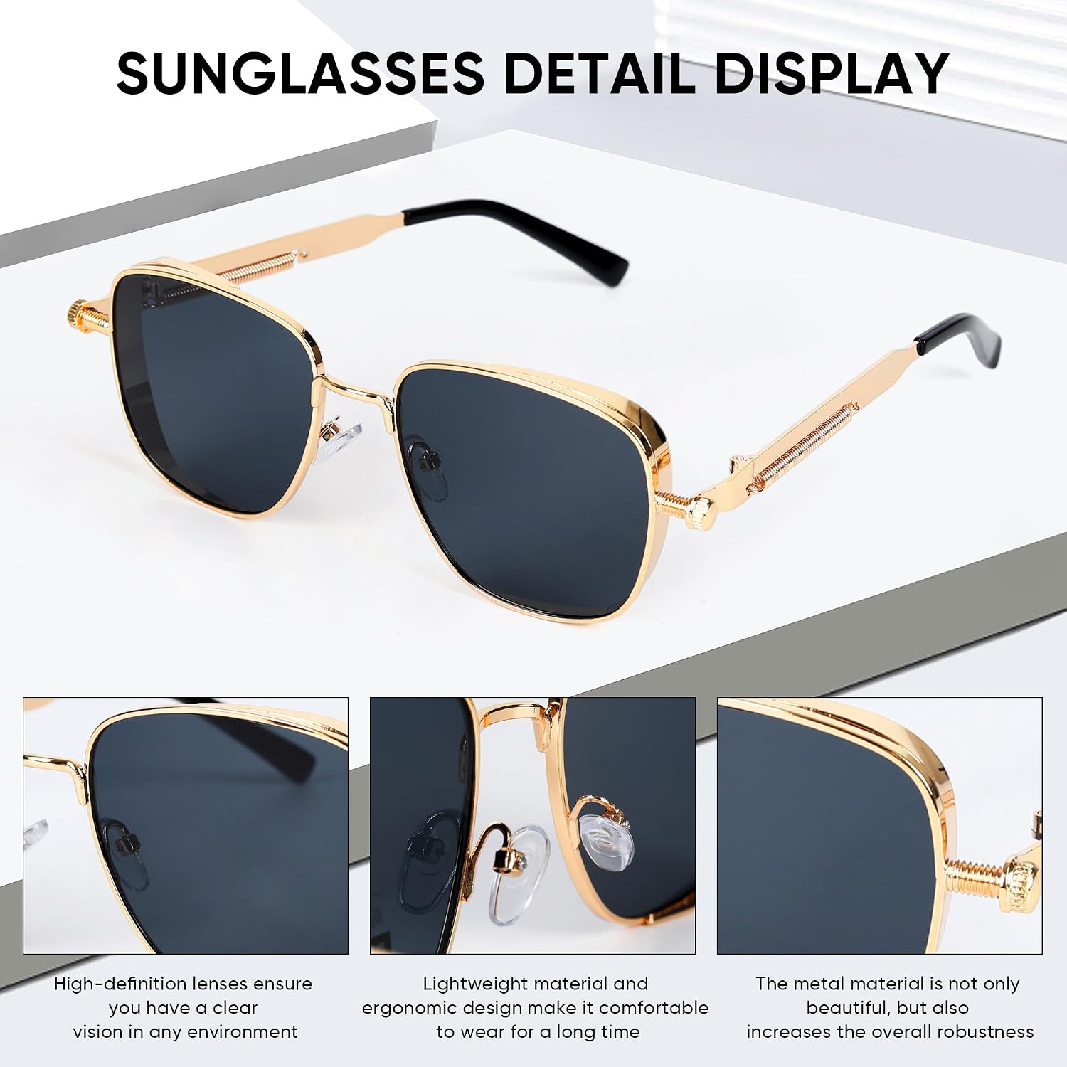 Detalle 2 de MEGAVOW Retro Steampunk Sunglasses: Polarised UV400 Square Frames for All-Day Wear