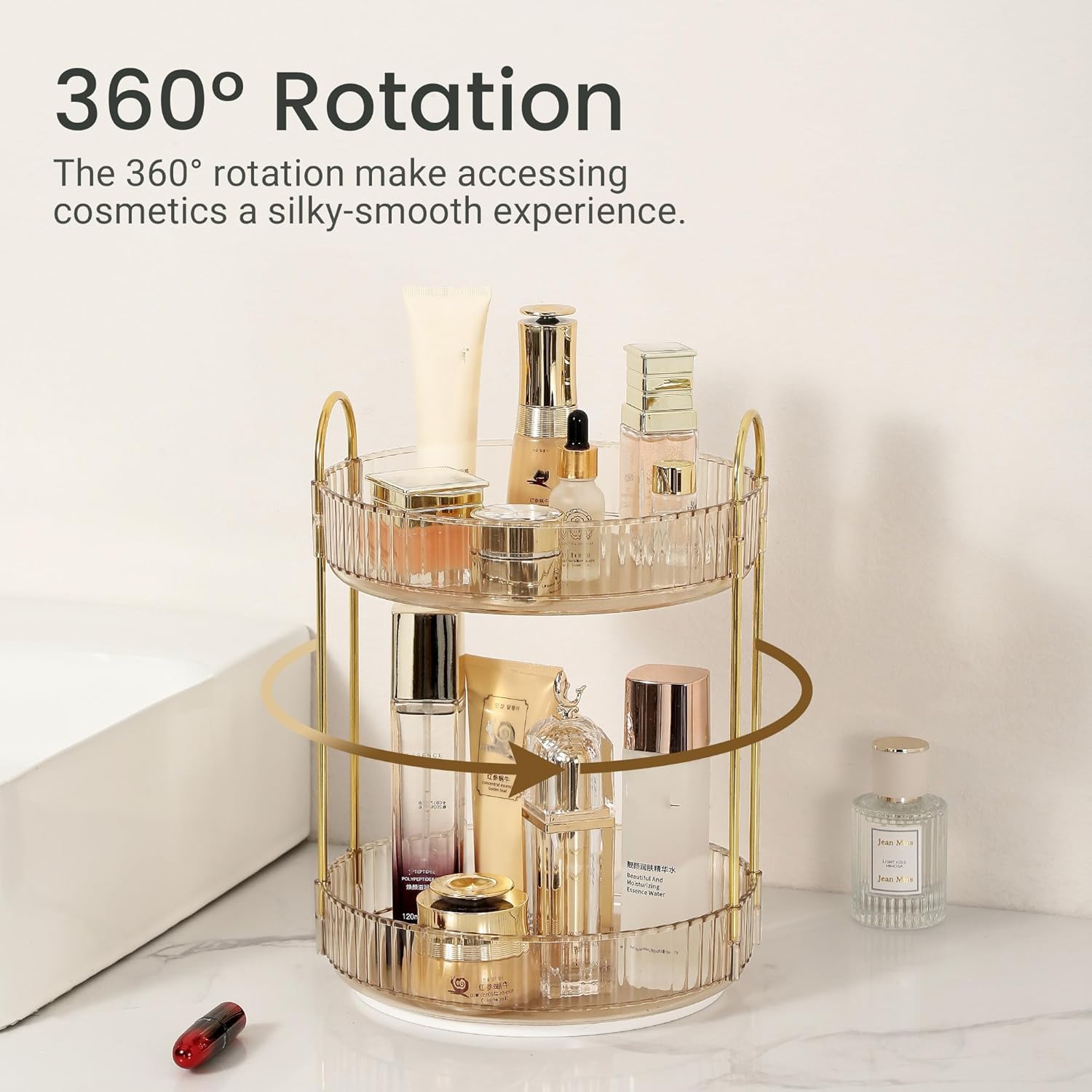 Detalle de ROWNYEON Makeup Organiser 360 Rotating — 2-Tier Gold Spinning Storage