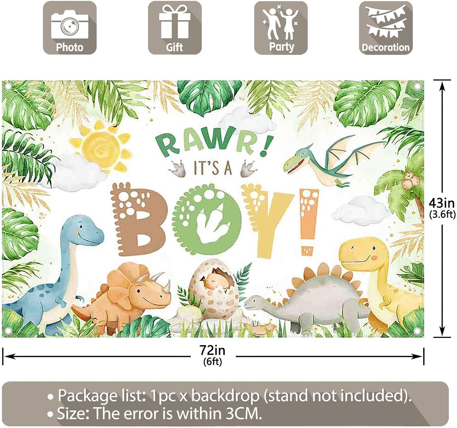 Thumbnail 2 de Luminora 72x43inch Dinosaur Newborn Backdrop (Cartoon Tropical Leaves Jungle Forest) for Baby Shower & Birthday Photos