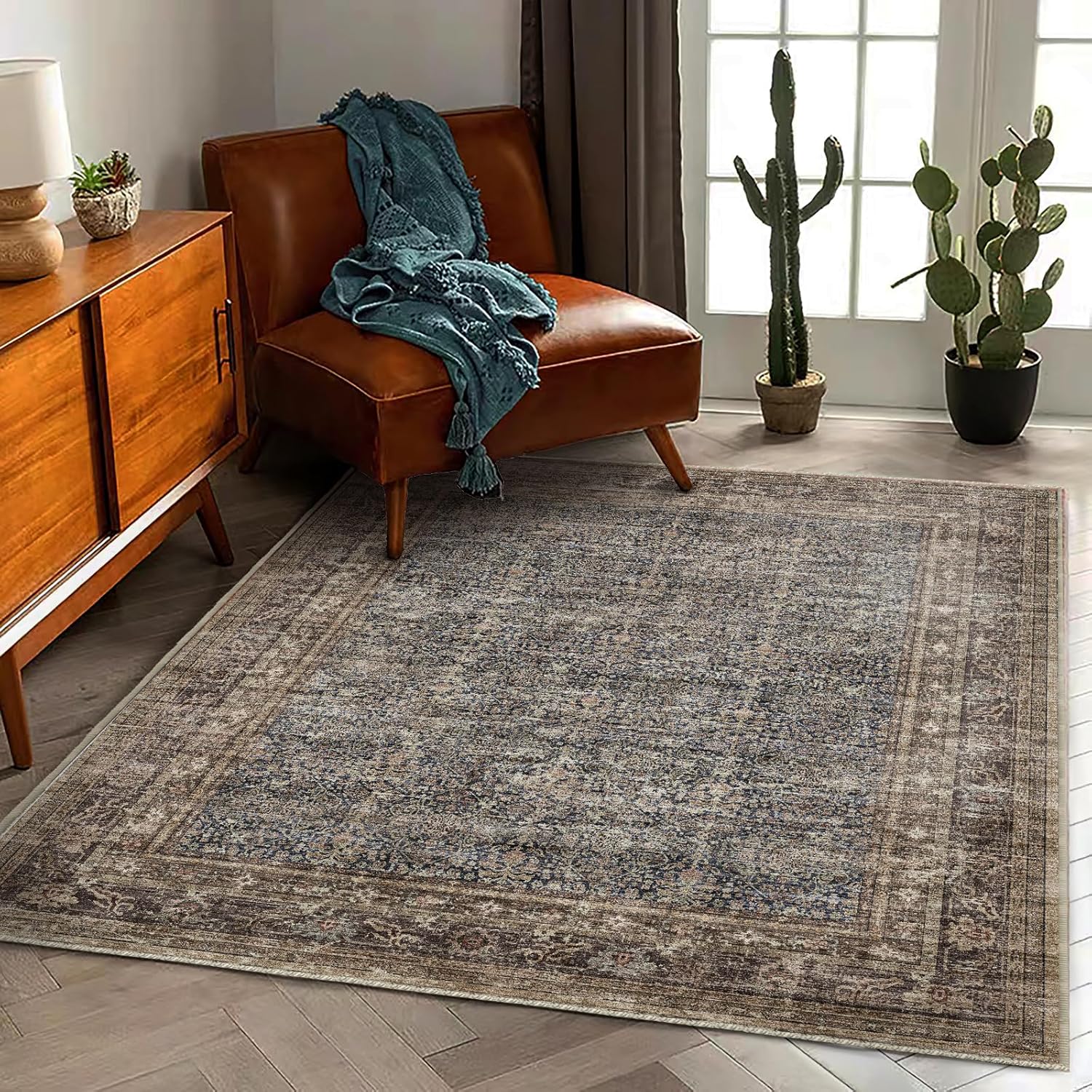 Thumbnail 1 de CHAMPLANT 6'x9' Washable Vintage Area Rug — Low-Pile, Non-Slip, Distressed Floral