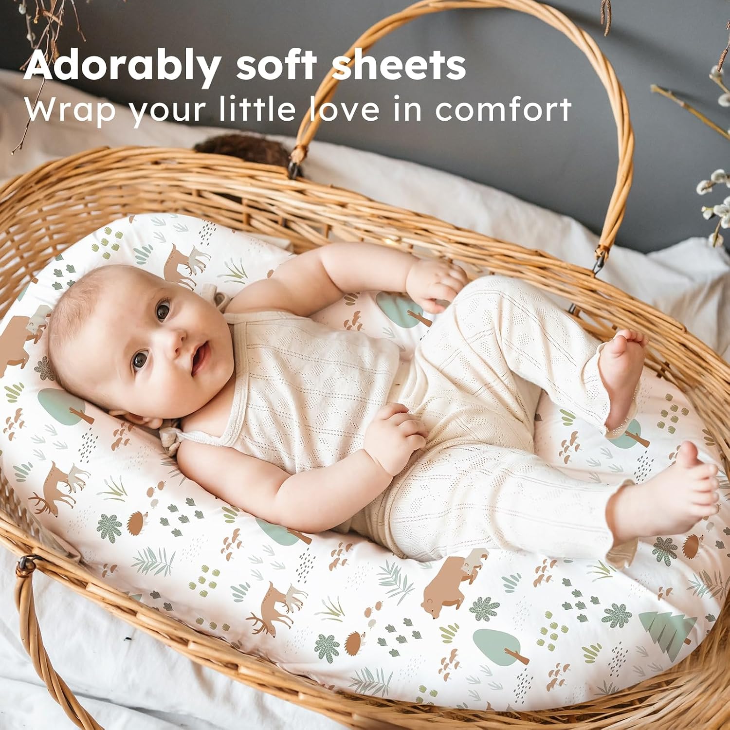 Detalle de FIEMOL Baby Moses Basket Sheets 81x41 cm — 3 Pack, Ultra-Soft Microfiber Pram Sheets for Bassinet (Green Forest Bear)
