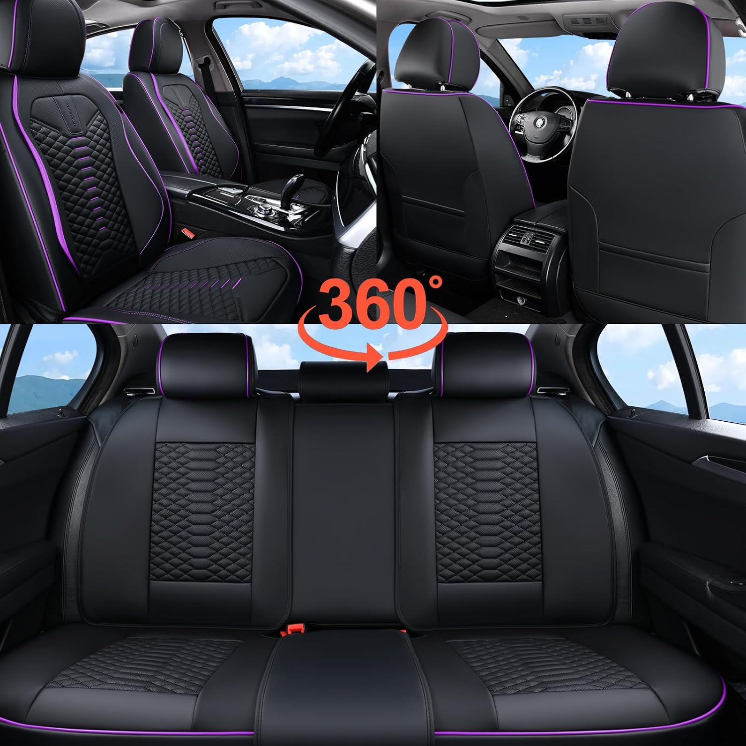 Detalle 2 de Coverado Leather Car Seat Covers Full Set for 5 Seats in Black & Purple