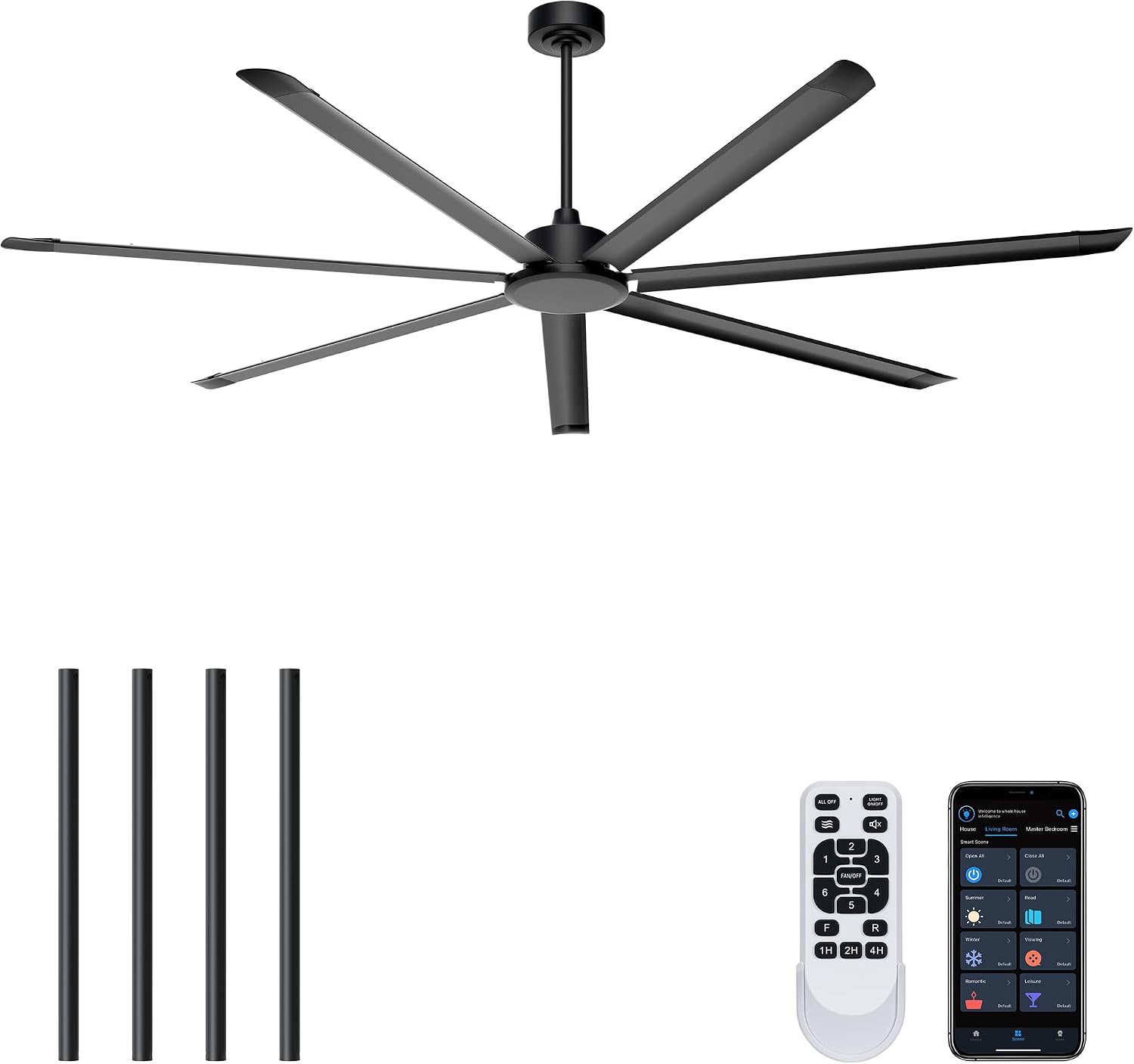 Detalle de Ohniyou GLX049 96-Inch Industrial Ceiling Fan, 7 Aluminum Blades, Remote and App Control