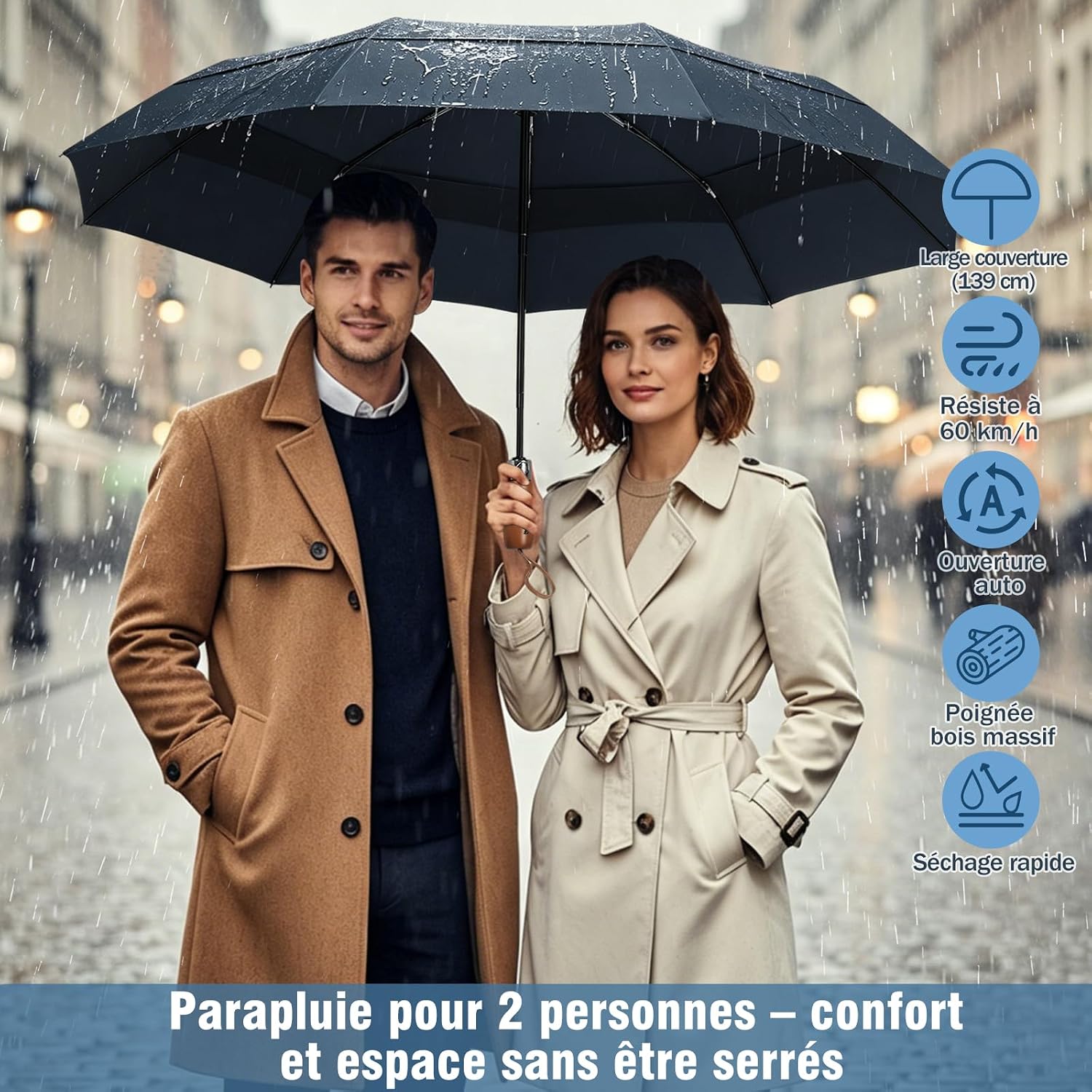 Thumbnail 6 de ZOMAKE Parapluie pliant double canopée 54 pouces (poignée en bois, anti-vent)