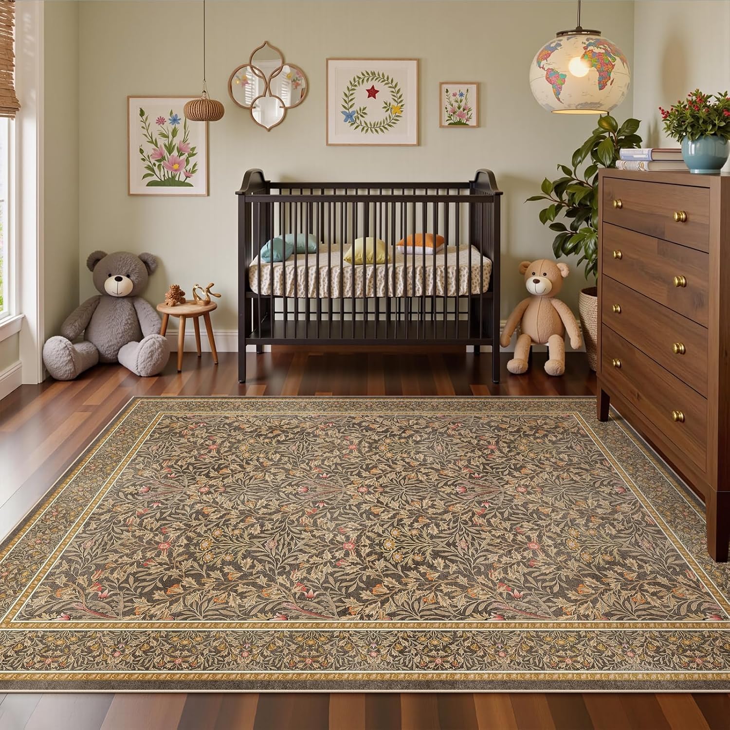 Detalle de Dadasgk Vintage Washable Area Rug, 8' x 10', Gold Brown Floral Faux Wool
