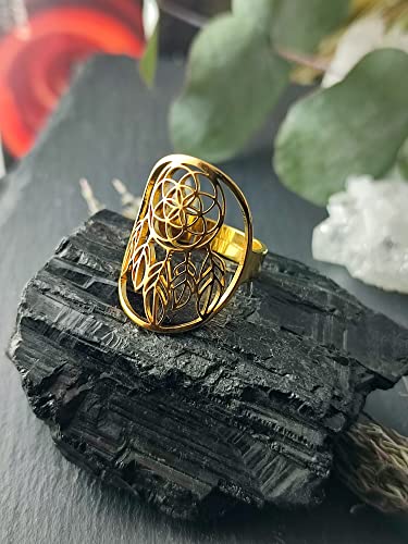 Detalle de Simboliks Anillo Atrapasueños Amuleto con Semilla de la Vida | Acero inoxidable ajustable