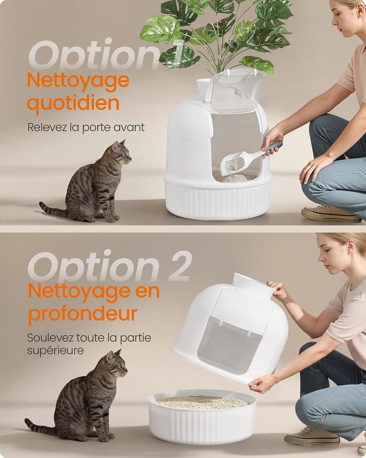 Detalle 2 de Meuble litière pour chat Feandrea avec fausse plante, porte basculante et filtre à charbon (blanc nuage) PPT006W101