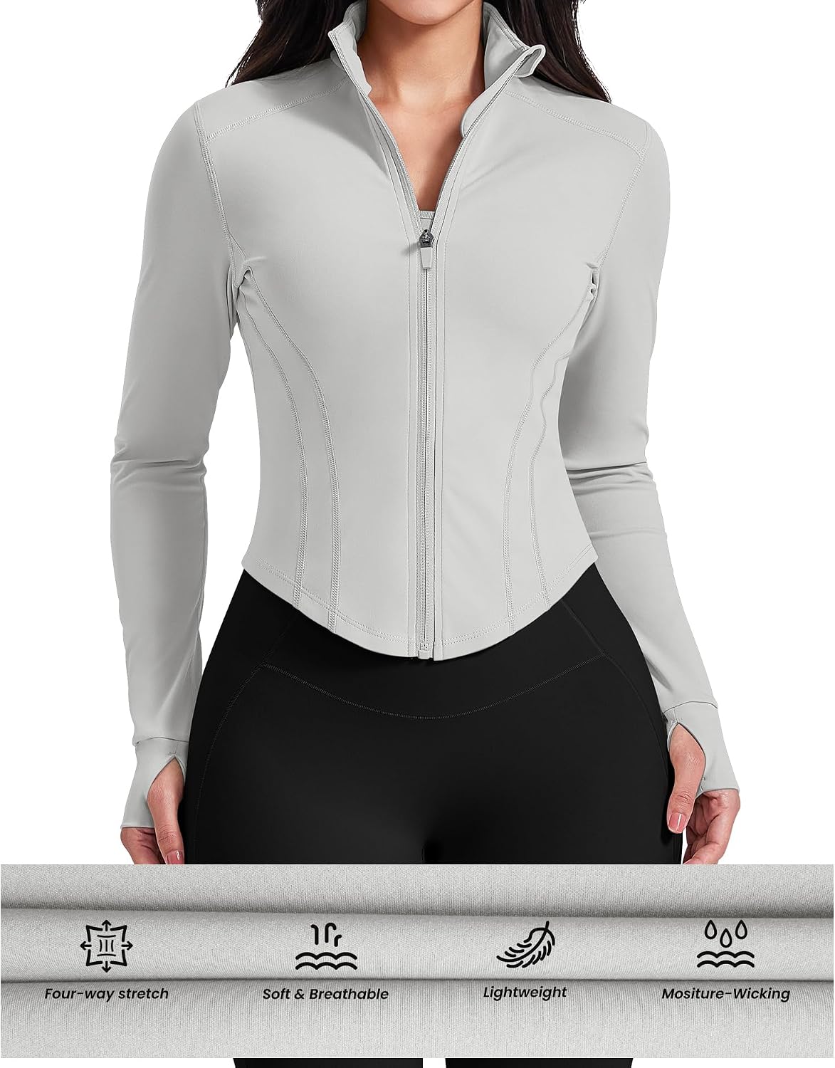 Detalle de AVGO Cropped Workout Jacket for Women, Full Zip, Thumb Holes and Curved Hem