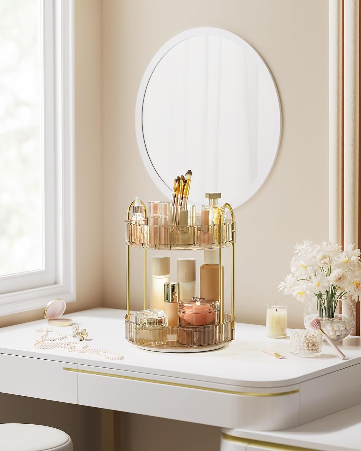 Detalle 2 de SONGMICS Makeup Organiser Rotating, 2-Tier Round Skincare Organiser (JKA012A01) – Champagne Gold