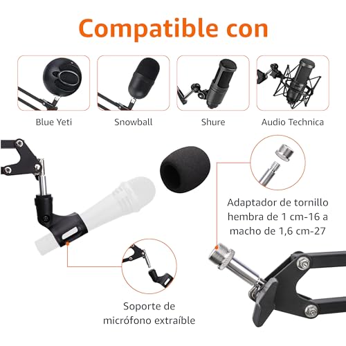 Detalle de Amazon Basics Soporte de Brazo Articulado para Micrófono (35,6 cm) con Filtro Antipop y Abrazadera