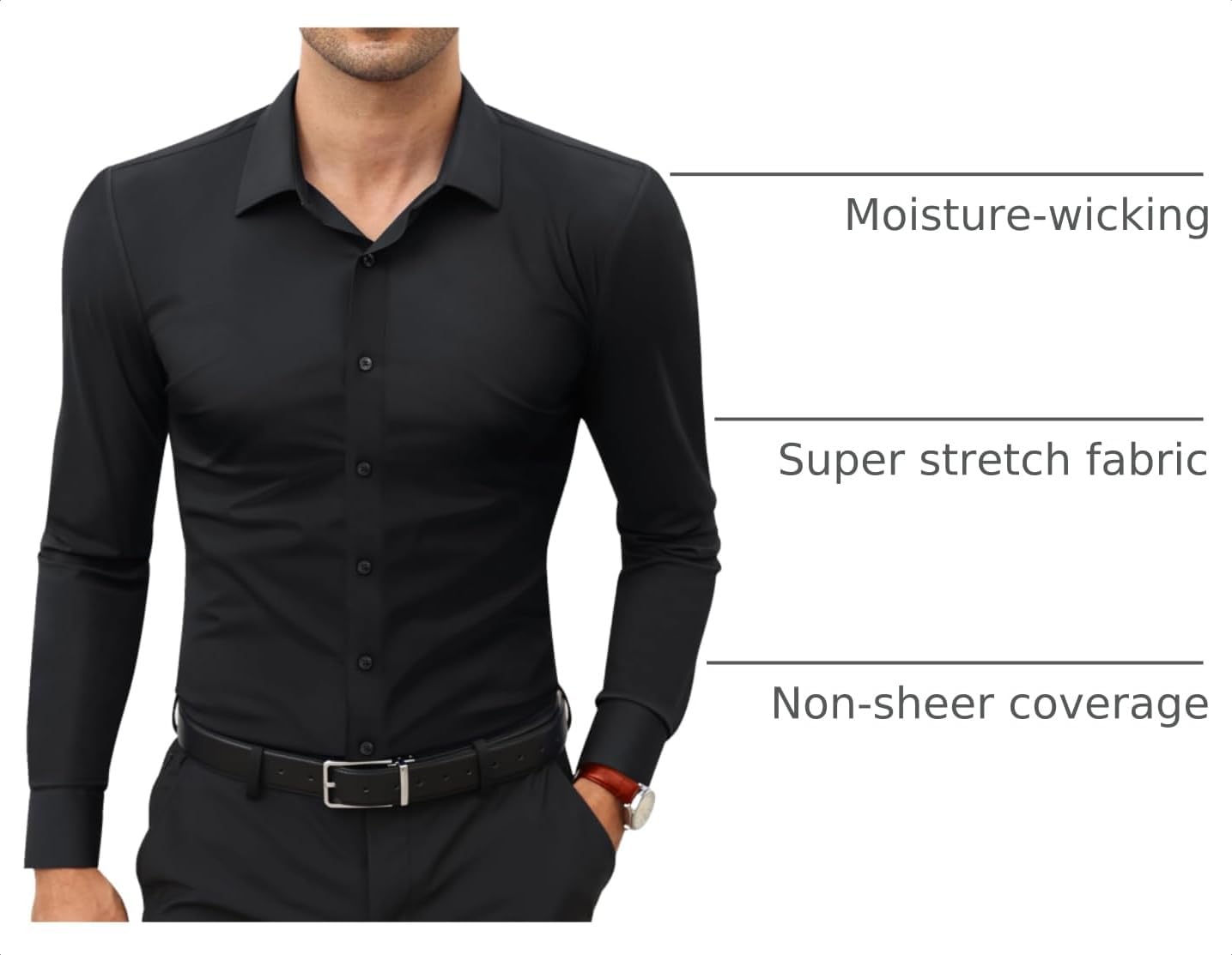 Detalle 2 de Lion Nardo Stretch Men's Dress Shirt – Long Sleeve Slim/Muscle Fit, Black