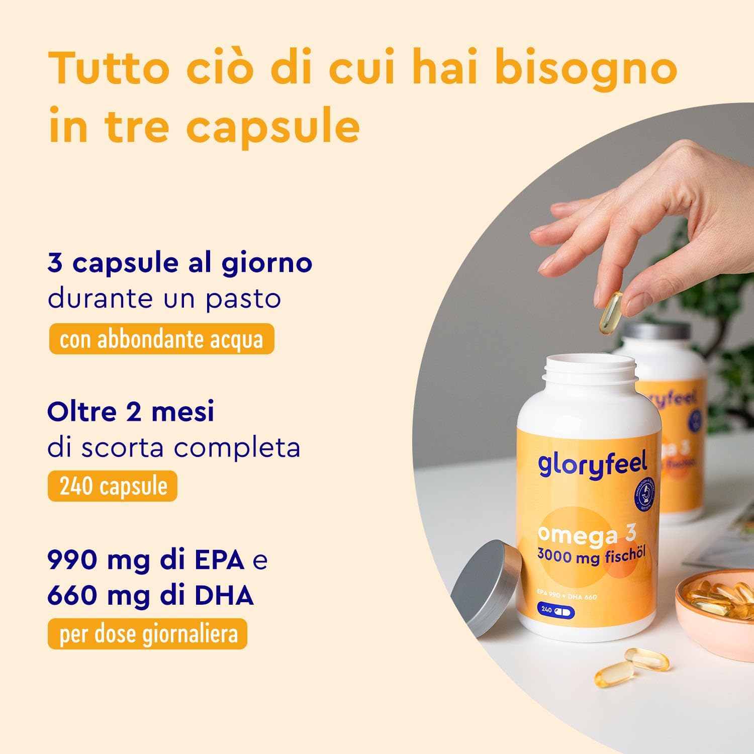 Detalle de Omega 3 ad Alto Dosaggio GloryFeel: 3000 mg di olio di pesce, 990 mg EPA e 660 mg DHA in 240 softgel