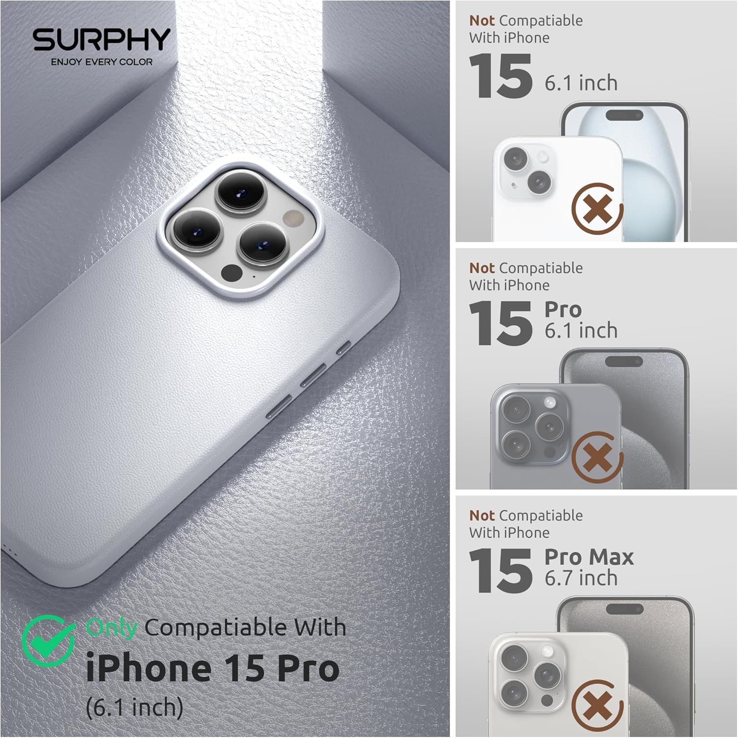 Thumbnail 1 de SURPHY Faux Leather Case for iPhone 15 Pro (6.1in) with Screen Protectors & MagSafe – Cool White