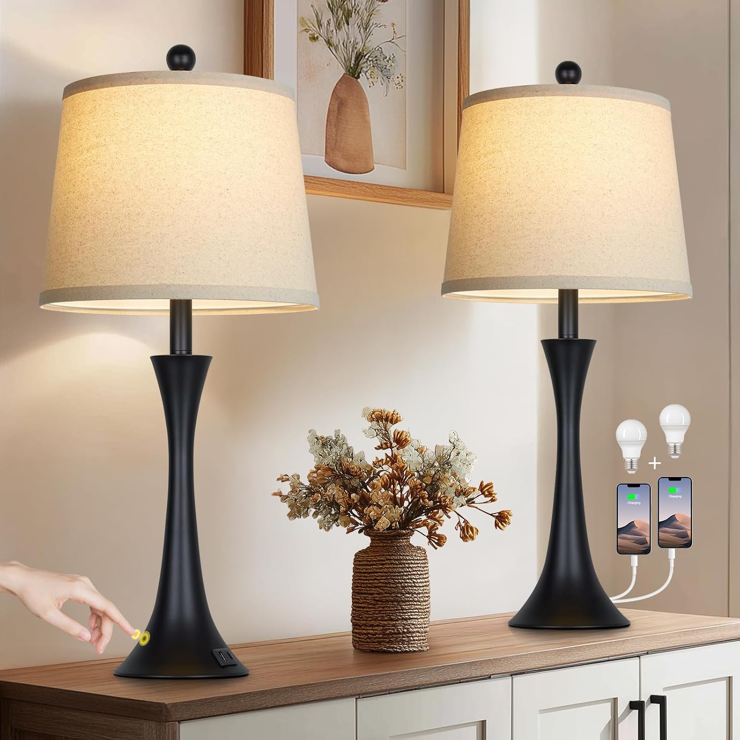 Detalle de Rinweey TD-RW-635 Table Lamp Set of 2, Touch-Dimmable with USB-C and USB-A