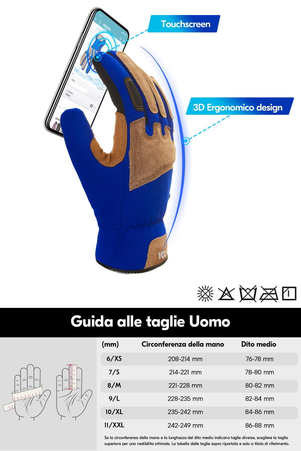 Thumbnail 5 de Vgo... Guanti da lavoro invernali impermeabili termici touchscreen con palmo in pelle bovina (1 paio)