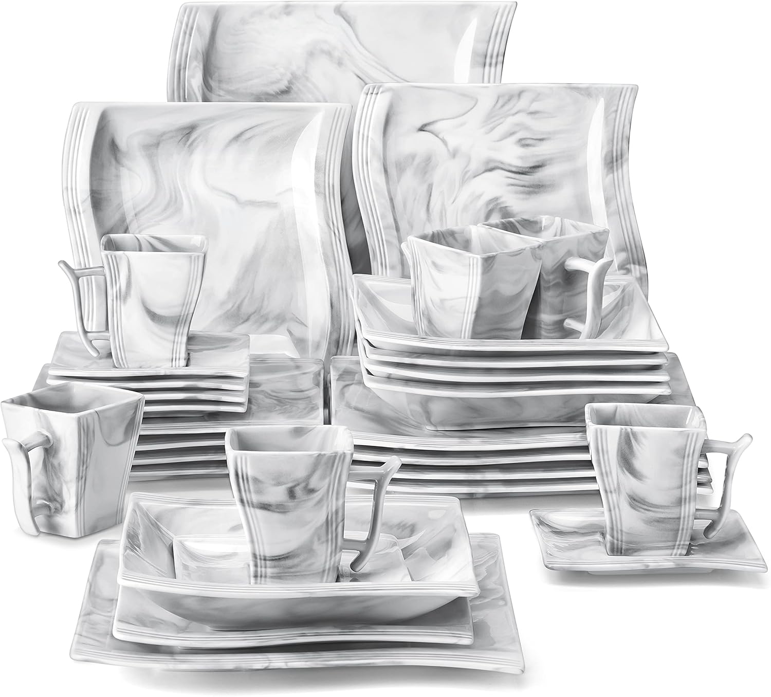Detalle de MALACASA Flora 30-Piece Marble Grey Porcelain Dinnerware Set for 6