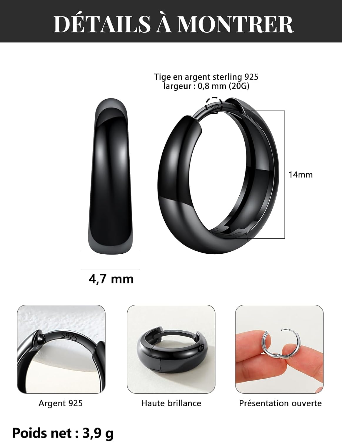 Detalle de Silvora Petit Créoles Argent/Plaqué Or/Noir pour Femme – 8 à 14 mm