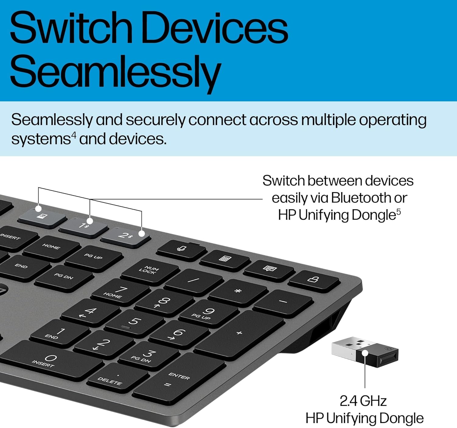 Thumbnail 1 de HP 720 Multi-Device Rechargeable Wireless Keyboard (Black) with supercapacitor, 2.4GHz + Bluetooth