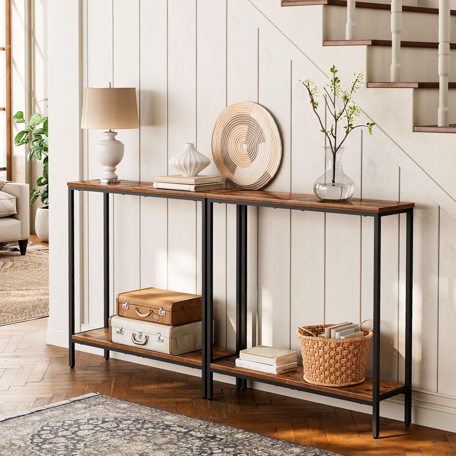 Detalle de HOOBRO Slim Console Table with Shelf (EBF22XG01) – 2-Tier Narrow Hallway Table in Rustic Brown