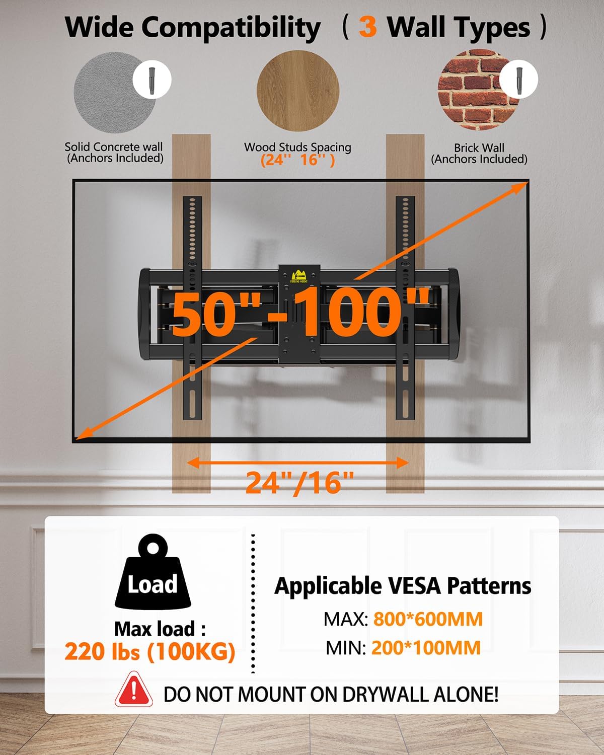 Thumbnail 3 de FORGING MOUNT Heavy Duty TV Wall Mount for 42-110" TVs up to 220 lbs with 8.2" Sliding for Centering