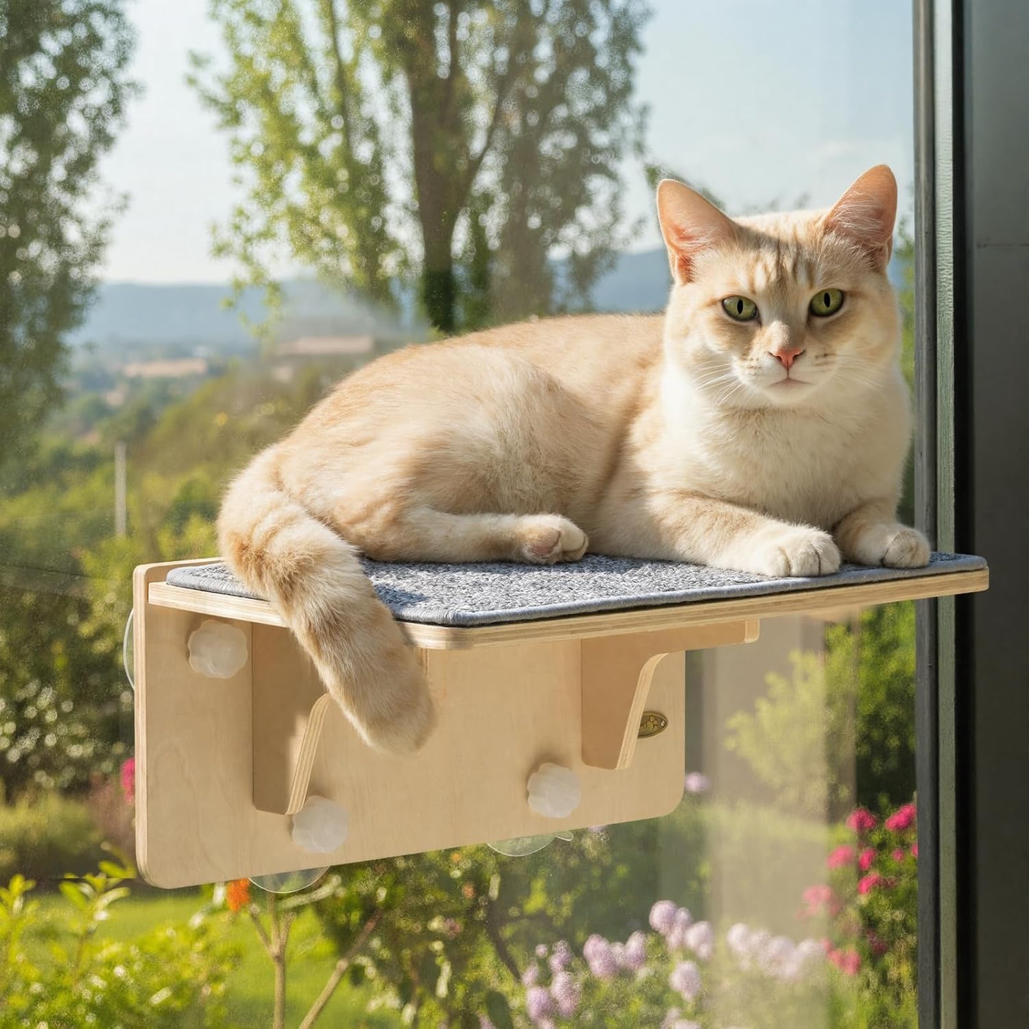 Detalle de pecute Hamac chat fenêtre en bois massif avec ventouses et griffoir mural (jusqu’à 12–15 kg)