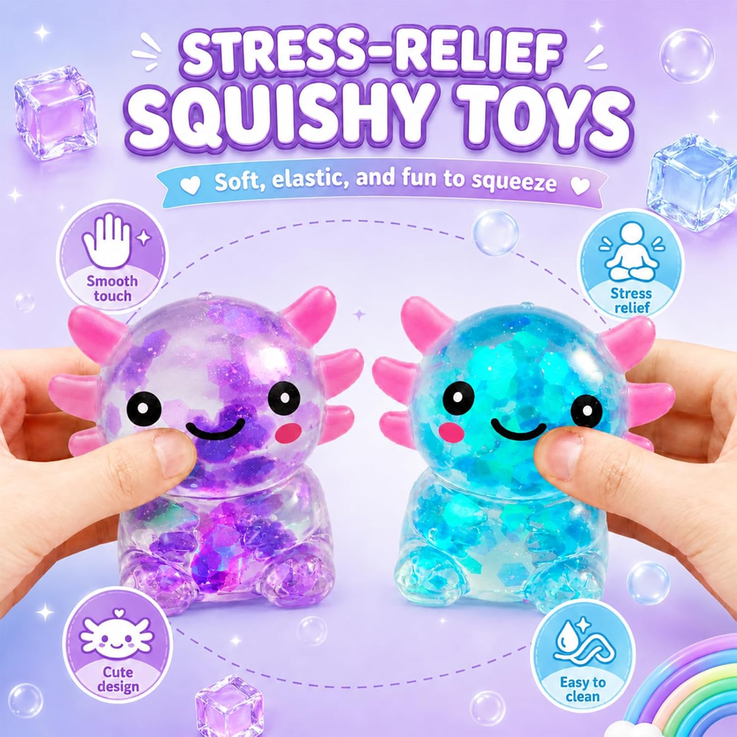 Detalle de iJUKPX Axolotl Squishy Toys, 2-Pack Glitter Fidget Toys, Blue-Purple