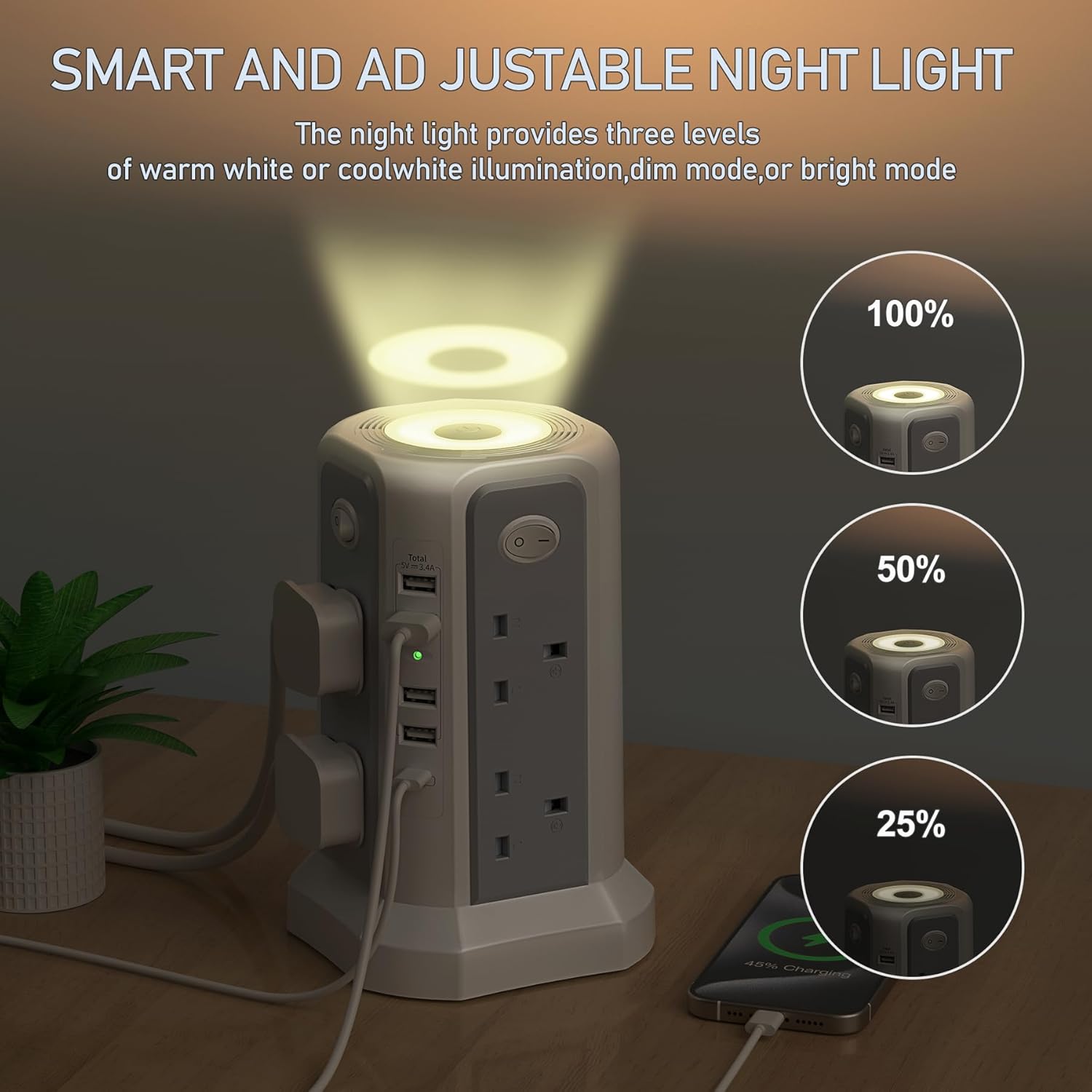 Thumbnail 1 de Tower Extension Lead 8-Way 13A 3250W, 5 USB Ports 🔌