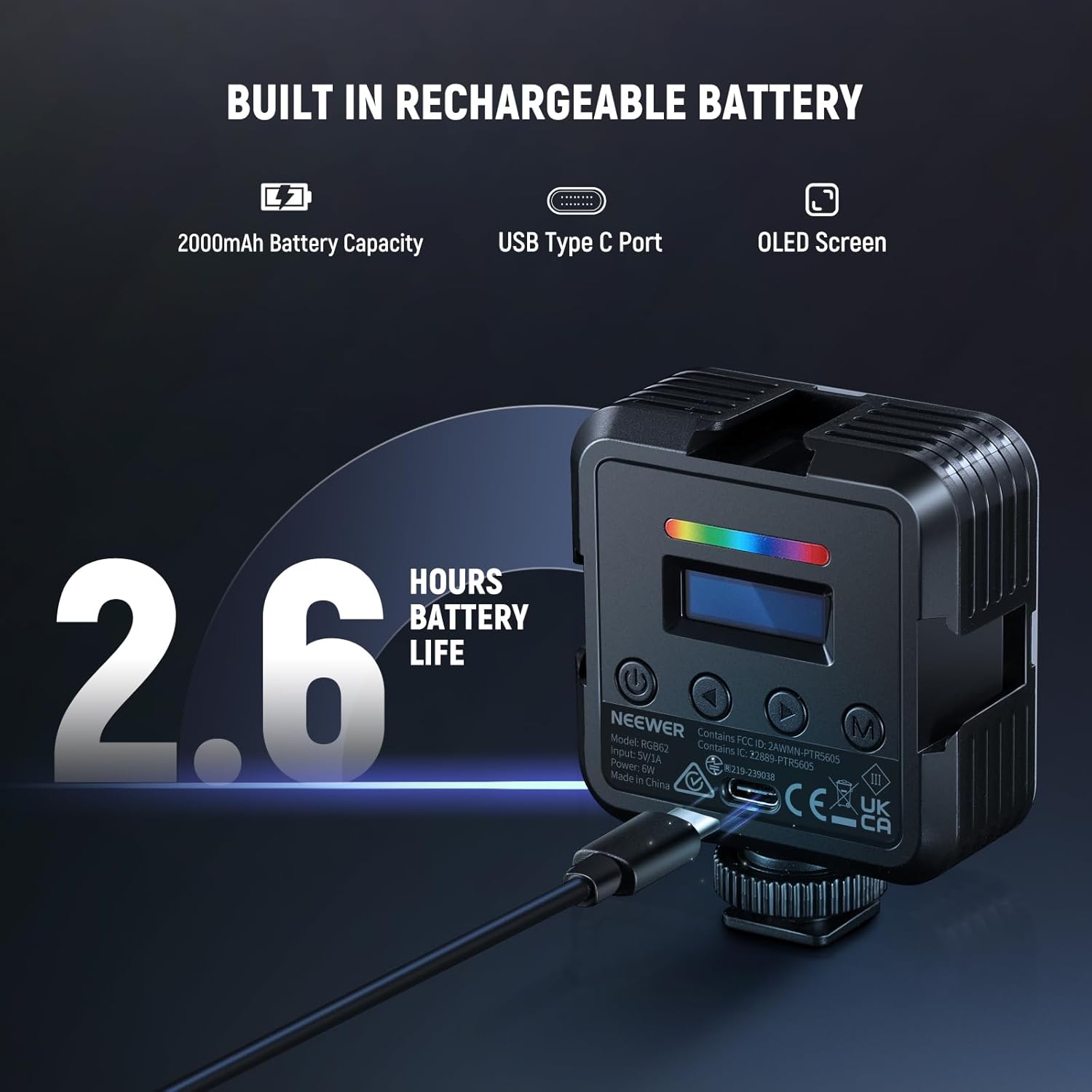 Thumbnail 5 de NEEWER Lampe vidéo magnétique RVB RGB62 compacte (contrôle via application, trépied de bureau, CRI97+)