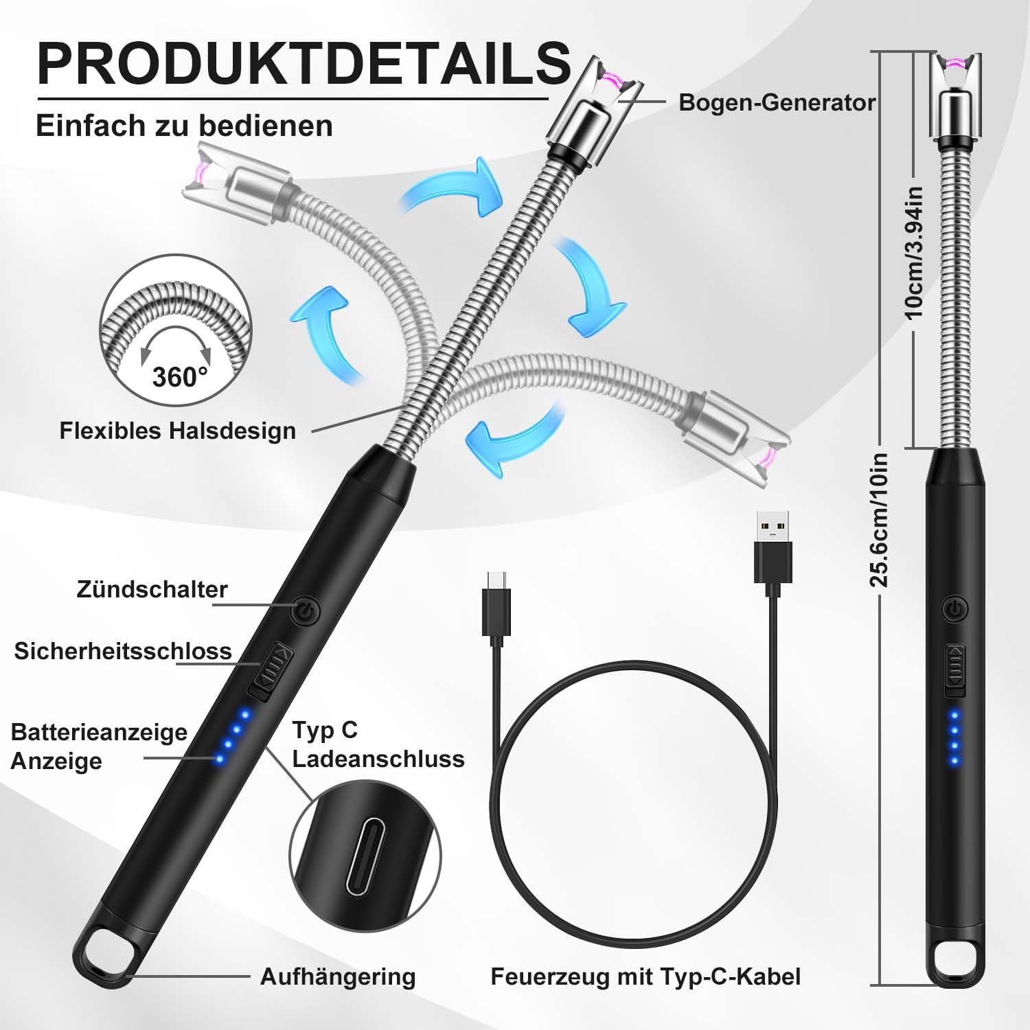 Thumbnail 2 de lcfun LcFun briquet à arc électrique rechargeable USB Type C à col long (2 modèles noirs)