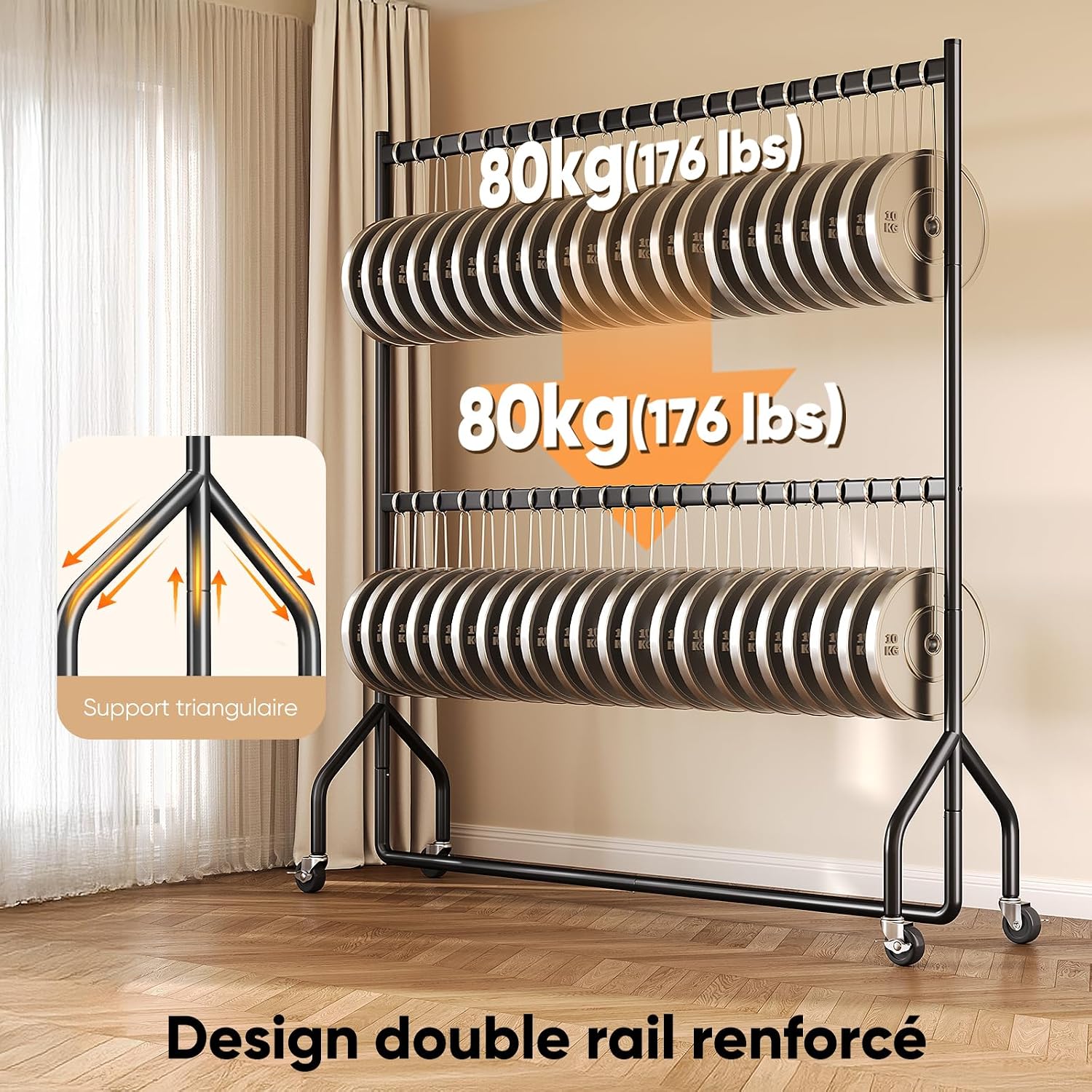 Detalle de HOKEEPER kledingrek op wielen met dubbele rail, stalen frame en remmen