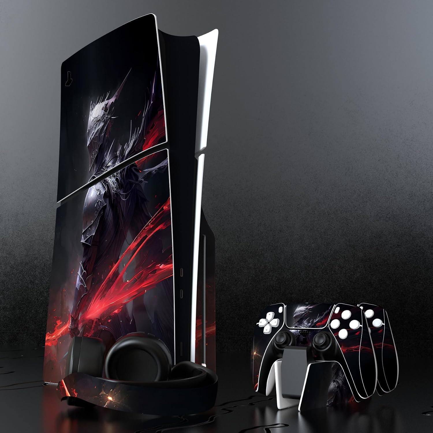 Detalle de playvital Full Set Skin Stickers for PS5 Slim Disc Edition (Abyss Knight) – vinyl decals for console, controller, charging station, headset & media remote