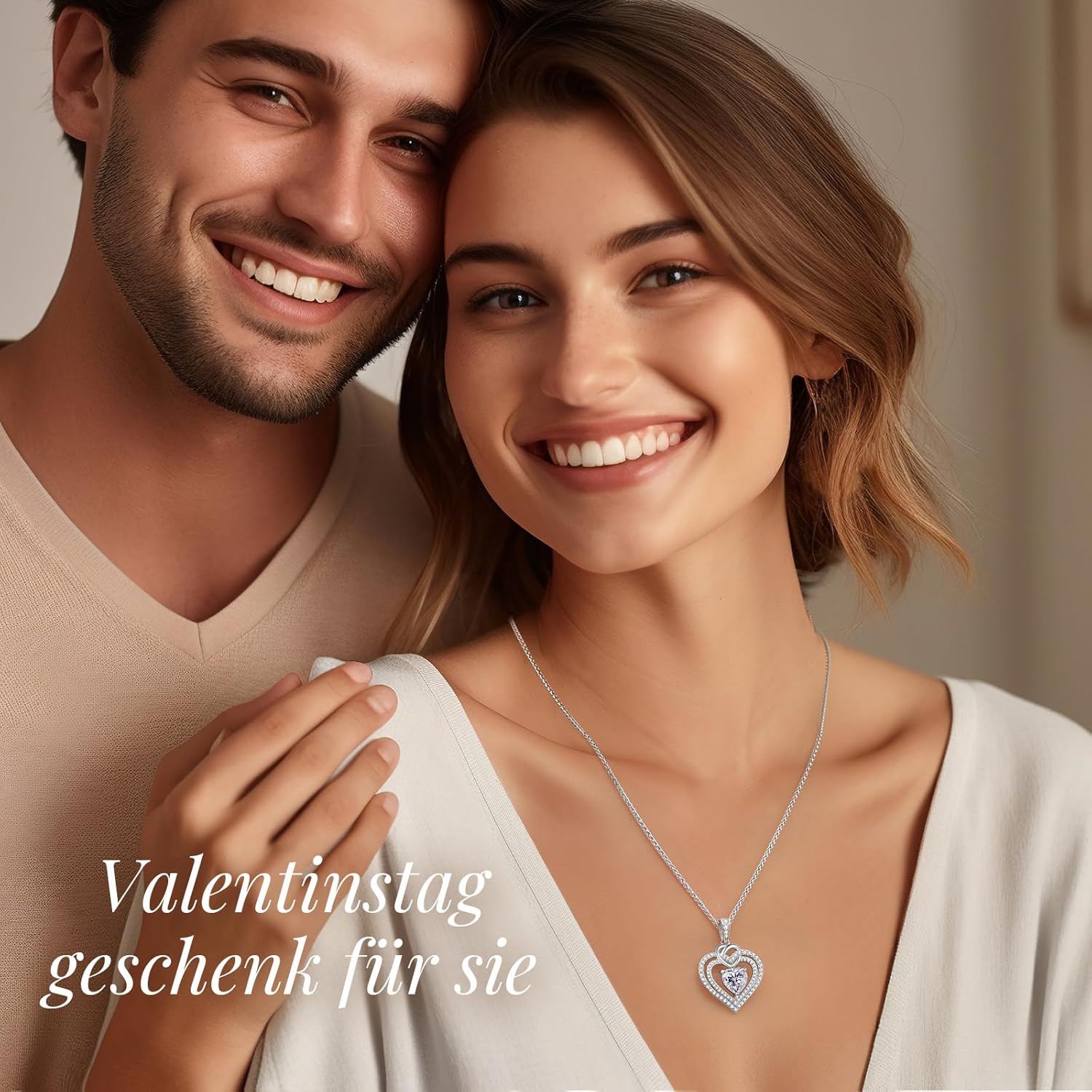 Thumbnail 1 de CDE Damen Moissanite Halskette Doppelherz aus Silber 925 – 18" + 2" Verlängerung, D-Farbe, VVS1
