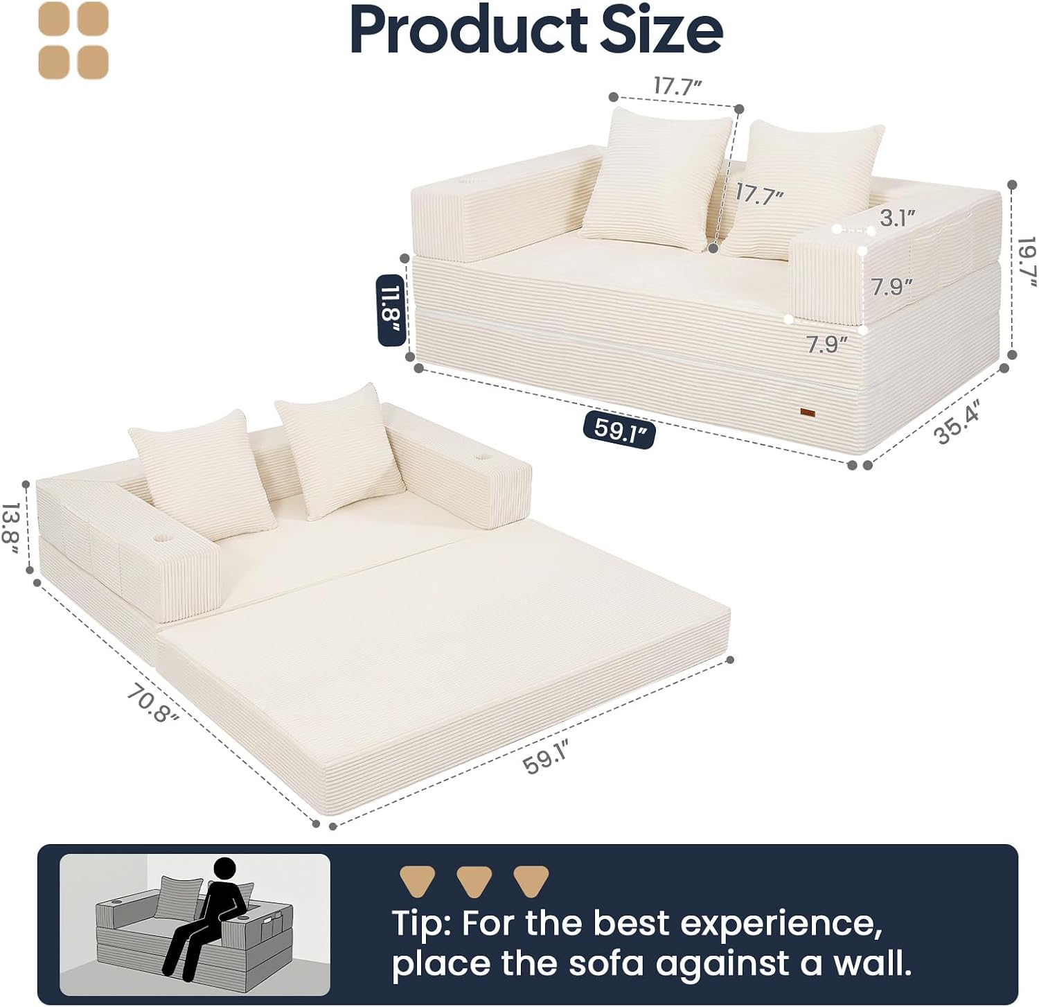 Detalle de COMAX 4-in-1 Futon Sofa Bed: Space-Saving Convertible Couch for Small Living Spaces