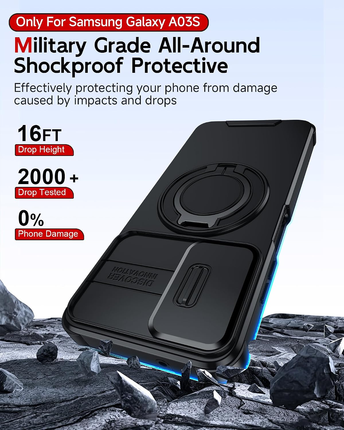 Detalle 1 de LeYi Galaxy A03s Phone Case with Slide Camera Cover, 360° Ring Stand and Glass Protectors
