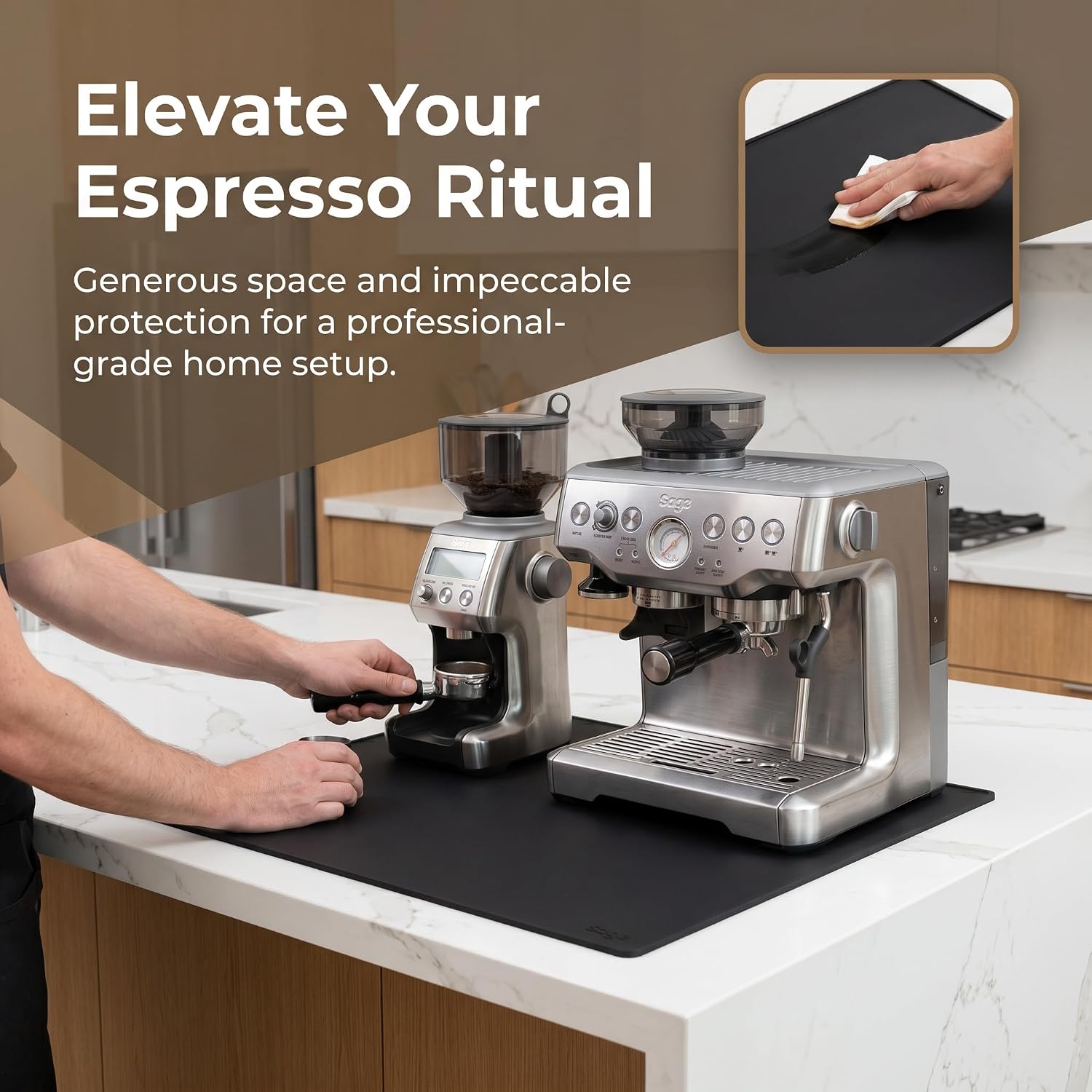 Detalle de Silicone Coffee Machine Mat 60x40cm – Large Countertop Draining Mat (Black)