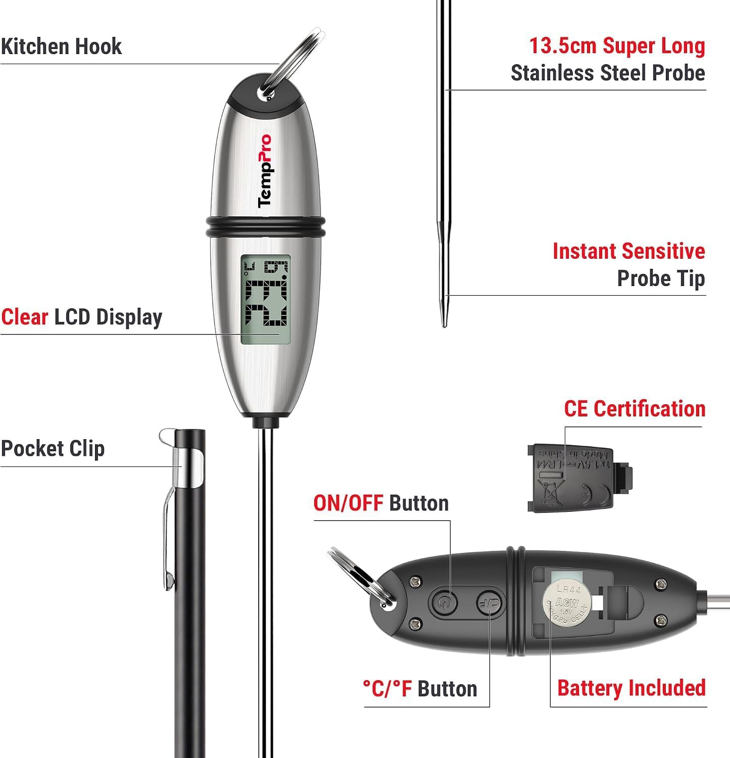 Detalle de TempPro TP-02S digitale vleesthermometer met sonde van 13,5 cm