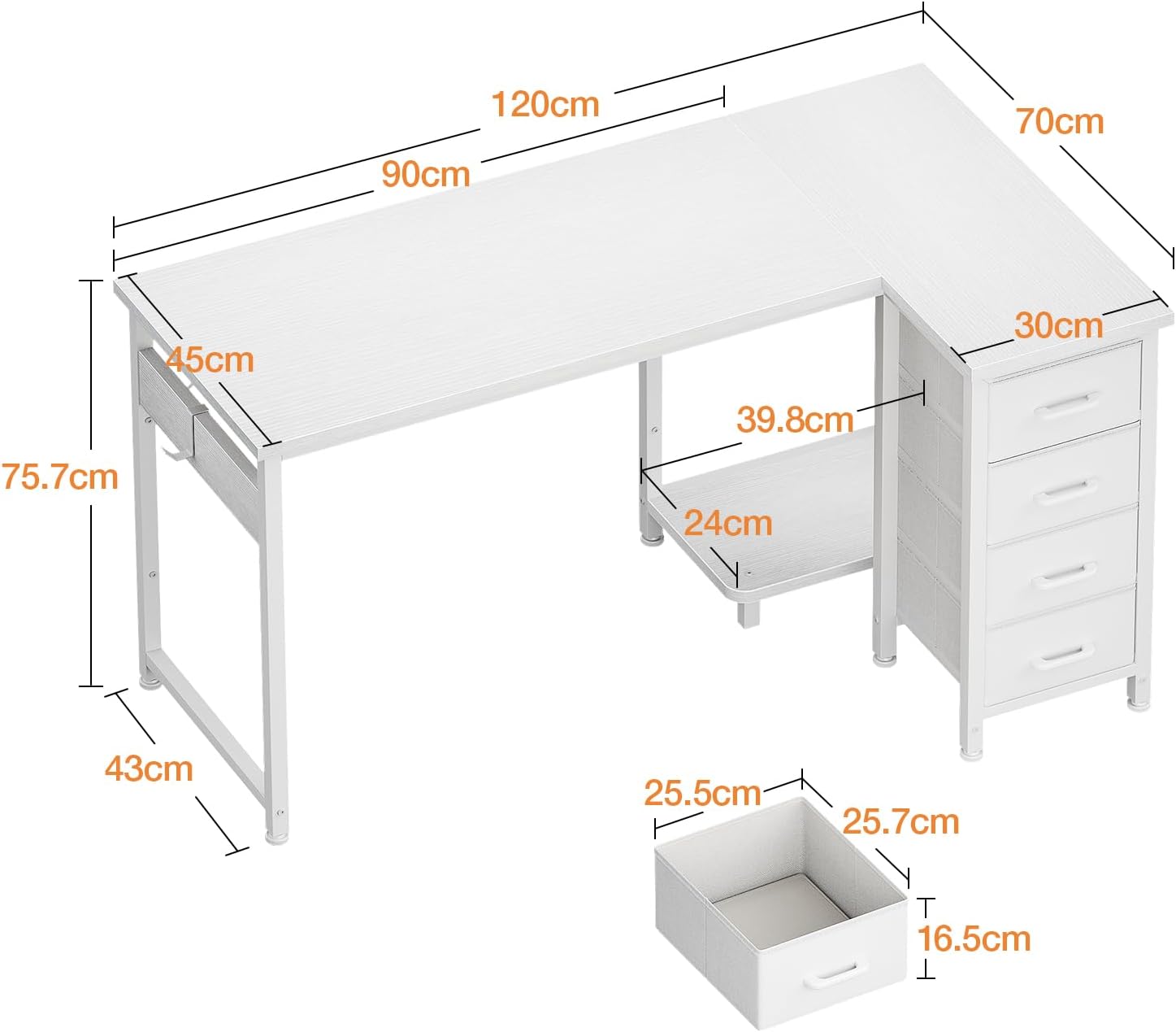 Thumbnail 2 de Coleshome Eckschreibtisch 120x70 cm – L‑Form mit 4 Stoffschubladen, links/rechts umkehrbar, Weiß