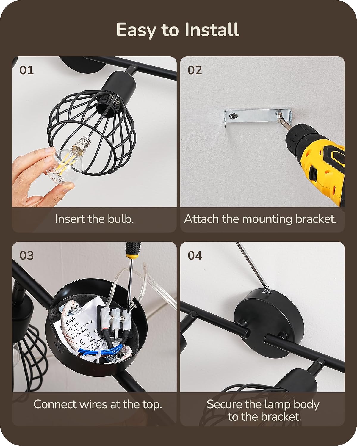 Detalle de EDISHINE 4 Way Spotlights Ceiling Lights with 4 E14 LEDs – 3000K, Black Iron Cage