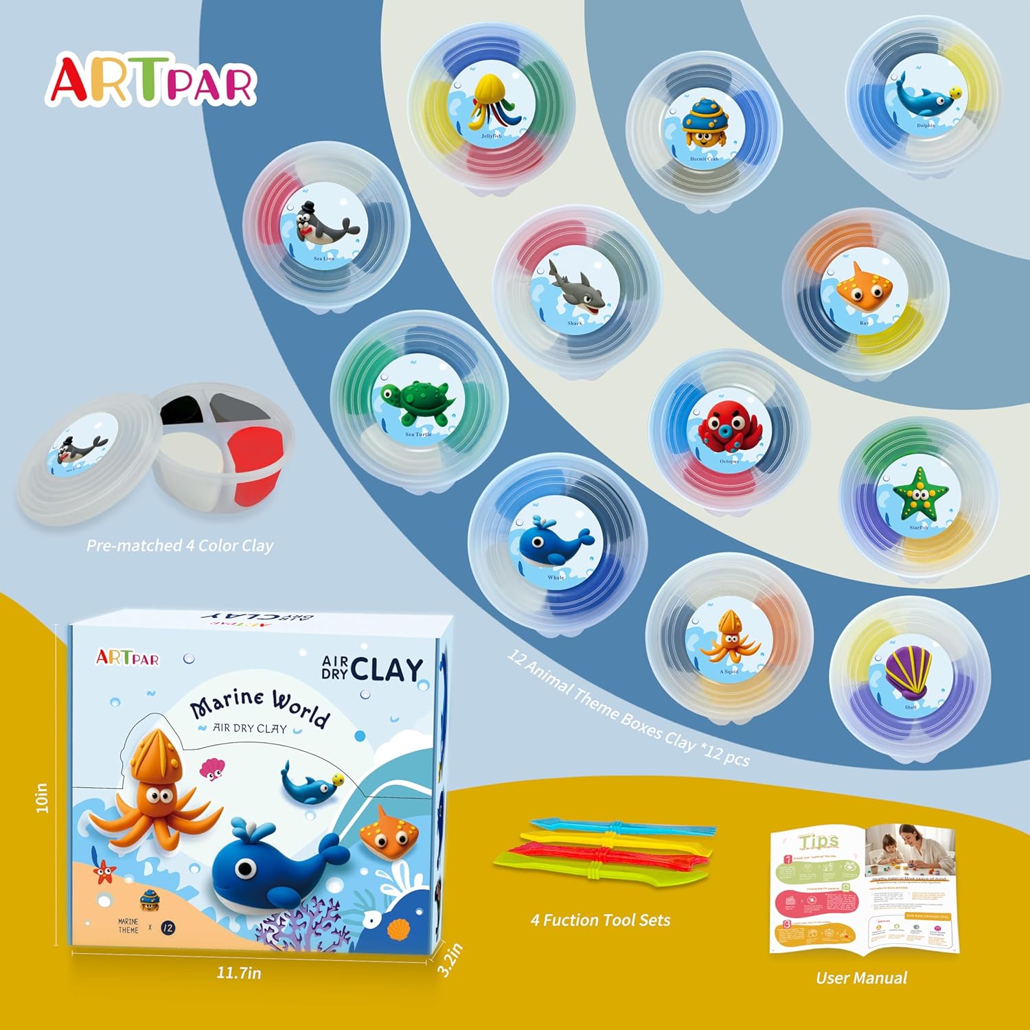 Thumbnail 1 de ARTPAR Air-Dry Clay Kit for Kids: 12 Marine Animals Modeling Set with 4-Color Tins