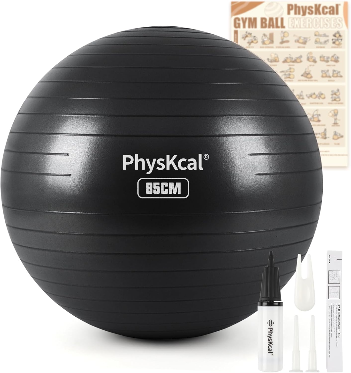 PhysKcal Gym Ball (55–85cm) Swiss Ball Chair for Balance, Stability & Pilates/Yoga—Anti-Burst with Quick Pump